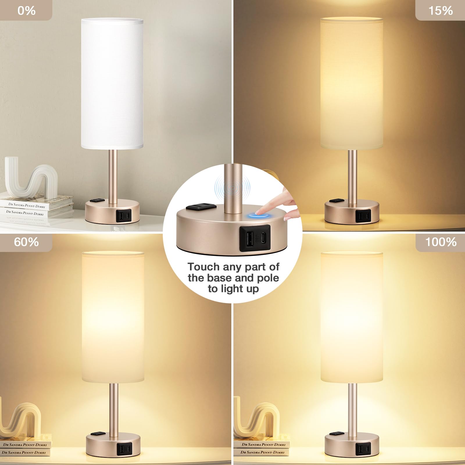 Antique White Bedside Table Lamp For Bedroom - 3 Way Dimmable Touch Lamp Usb C Charging Ports And Ac Outlet, Small Lamp Gold Bas