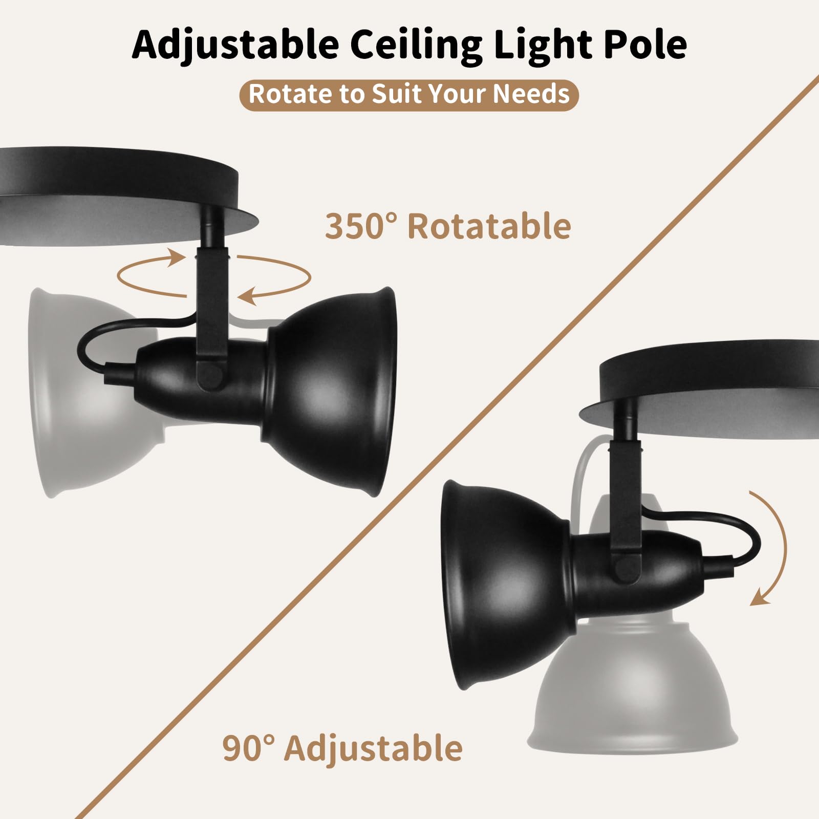 Ltblight 3-Light Ceiling Light Fixture, Rotatable Spot Light Kit, Industrial Black Track Lighing With Round Plate Spotlights For