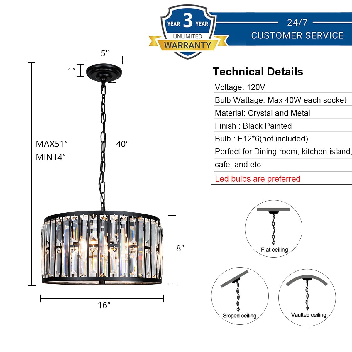 Weesalife Crystal Chandelier, 6 Lights Modern Drum Fixture, 16" Black, Model A8845-6 for Dining Room, Bedroom, Kitchen Island, Living Room