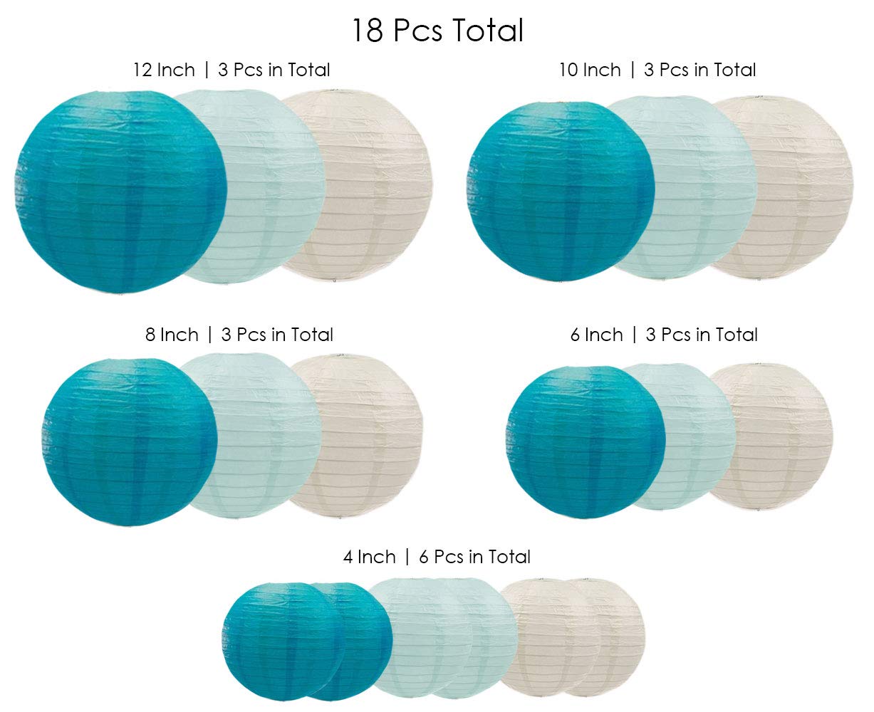 UNIQOOO Paper Lantern Decoration Set, 18PCS Ocean Blue, Assorted Sizes, Easy Assemble for Weddings, Baby Showers, Birthdays