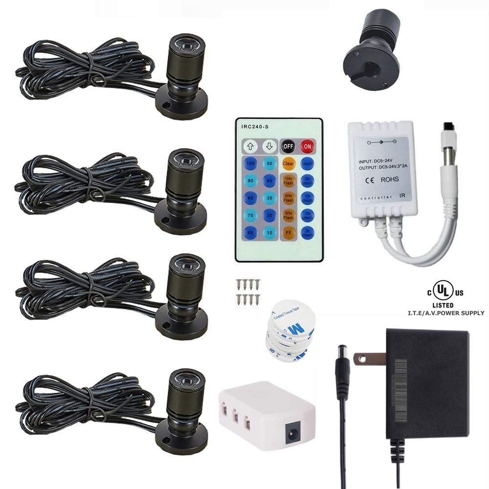 Xking 1.5W 12Vdc Dimmable Led Mini Spotlight Jewelry Showcase Display Lights Black Shell Surface Mount With Wireless Ir Dimmer (