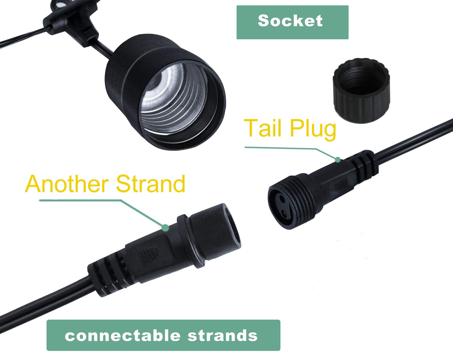 Yosion 60Ft Cool White Led String Lights, Waterproof 20 Hanging Sockets & Shatterproof Bulbs