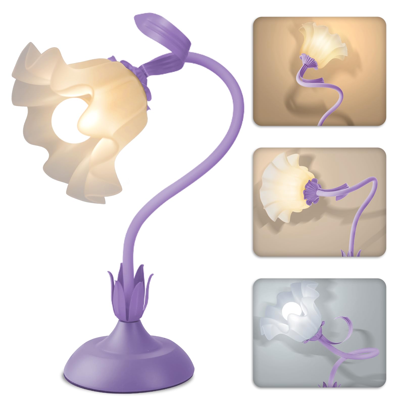 Larnix Women Bedside Table Lamp, Adjustable Gooseneck, 3 Color Temperatures, Floral Design, Purple, Model HTD-0004