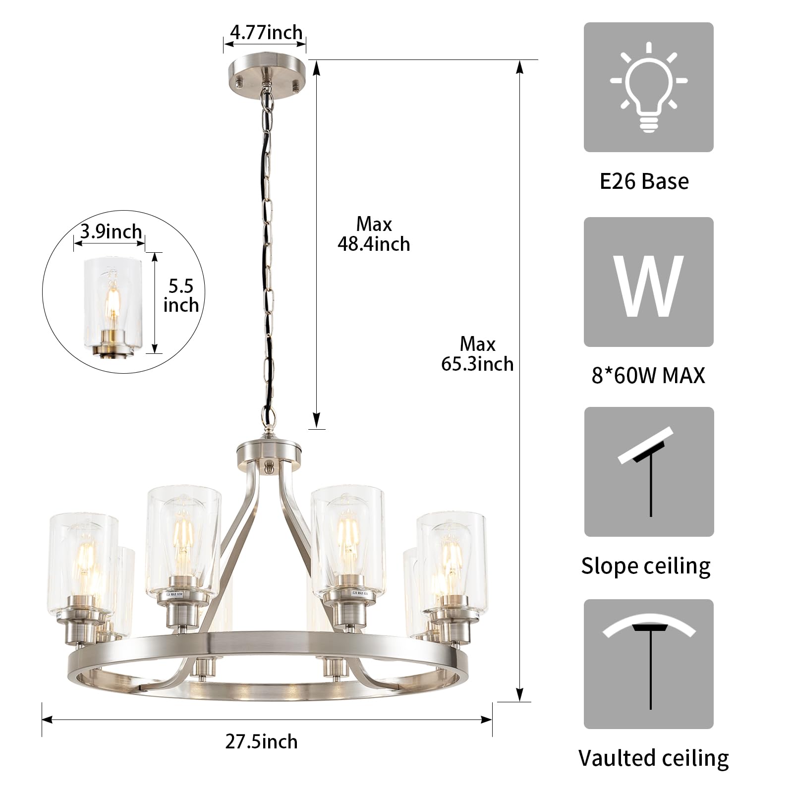 Lanhall 8-Light Brushed Nickel Chandelier - Modern Kitchen Pendant Lighting with Glass Shade, Adjustable Height, Model 1064
