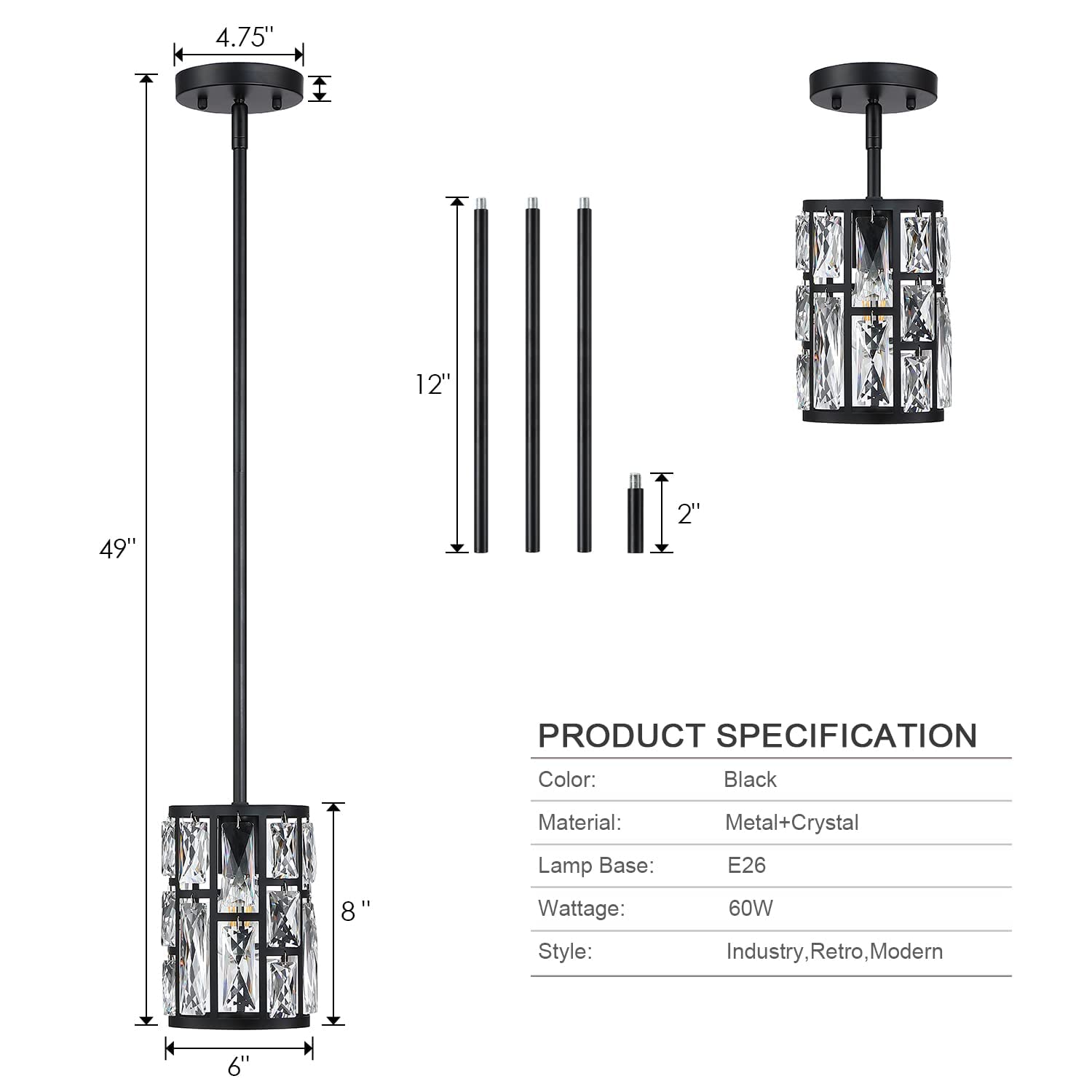 Black Crystal Pendant Light Fixture Modern Hanging Lighting Mini Crystal Chandelier For Kitchen Island Dinning Room Living Room