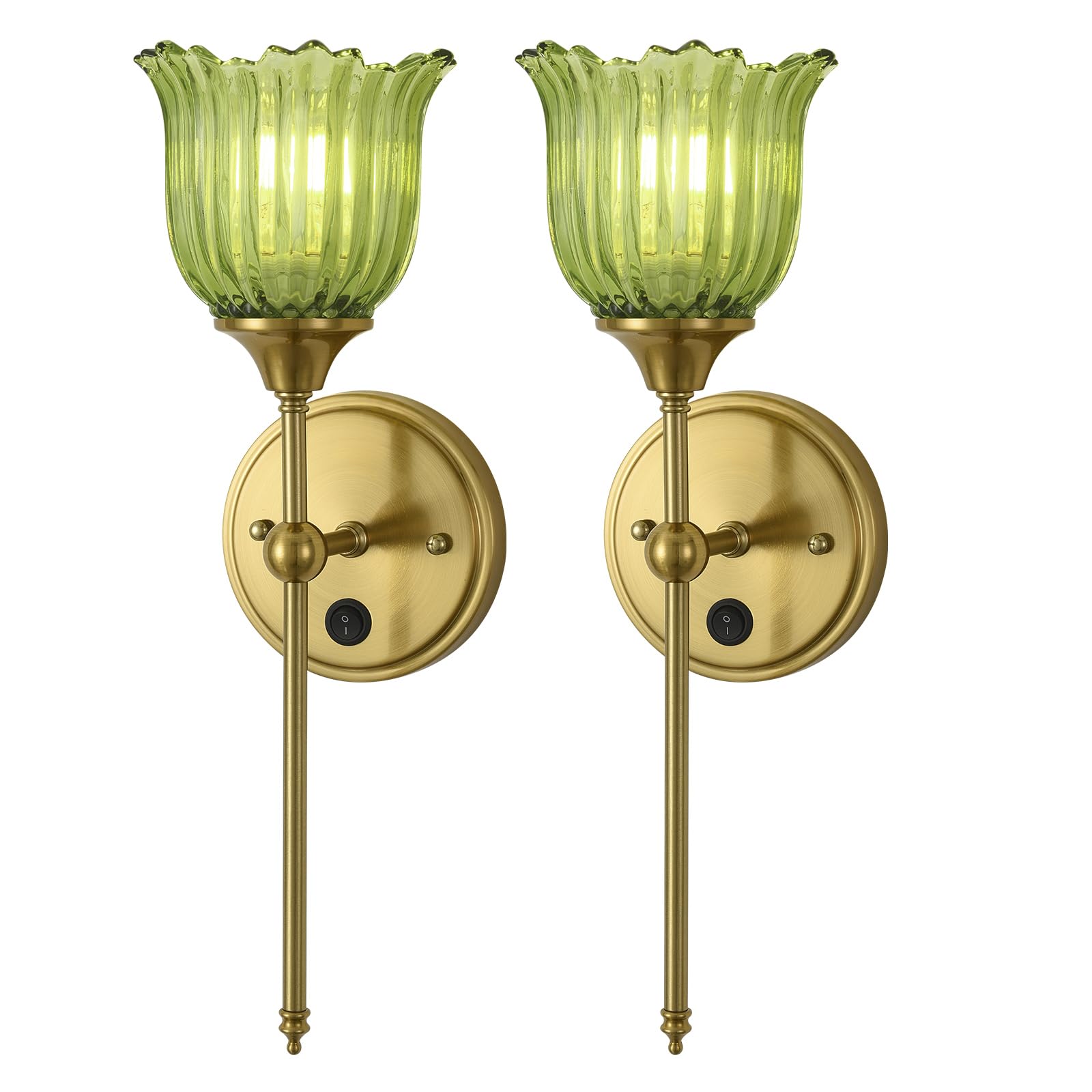 BOXCUPIN Modern Wall Sconces Set of 2 with Green Flower Glass Shade, Mid Century Bathroom Vanity Wall Light Fixtures Gold Vintag
