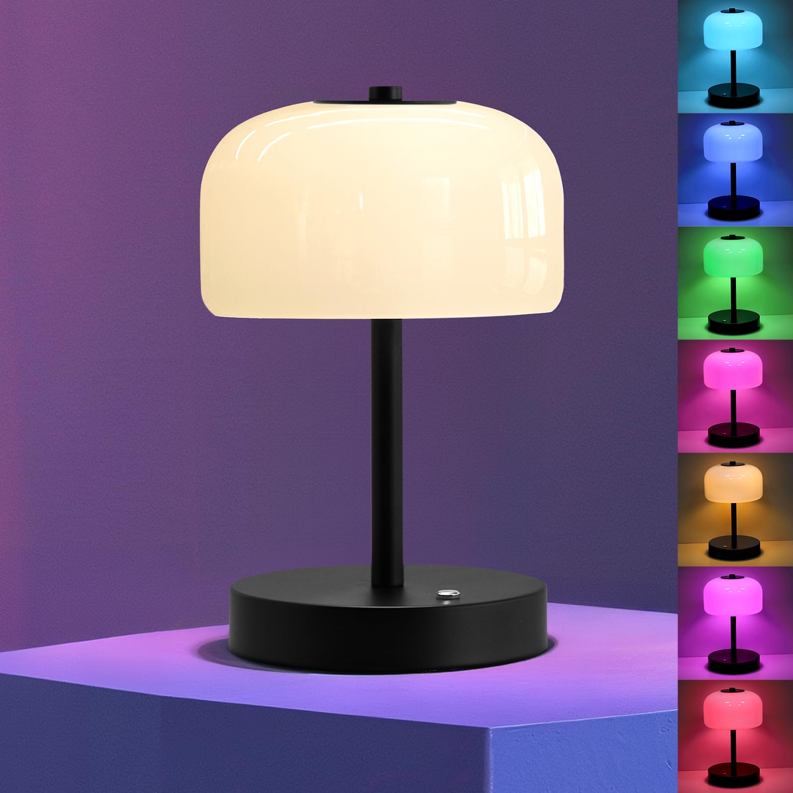 Oneach Cordless Table Lamp, Outdoor Portable Rechargeable Battery Lamp, Small Touch Mushroom Lamp With Opal Glass Shade, 3 Color