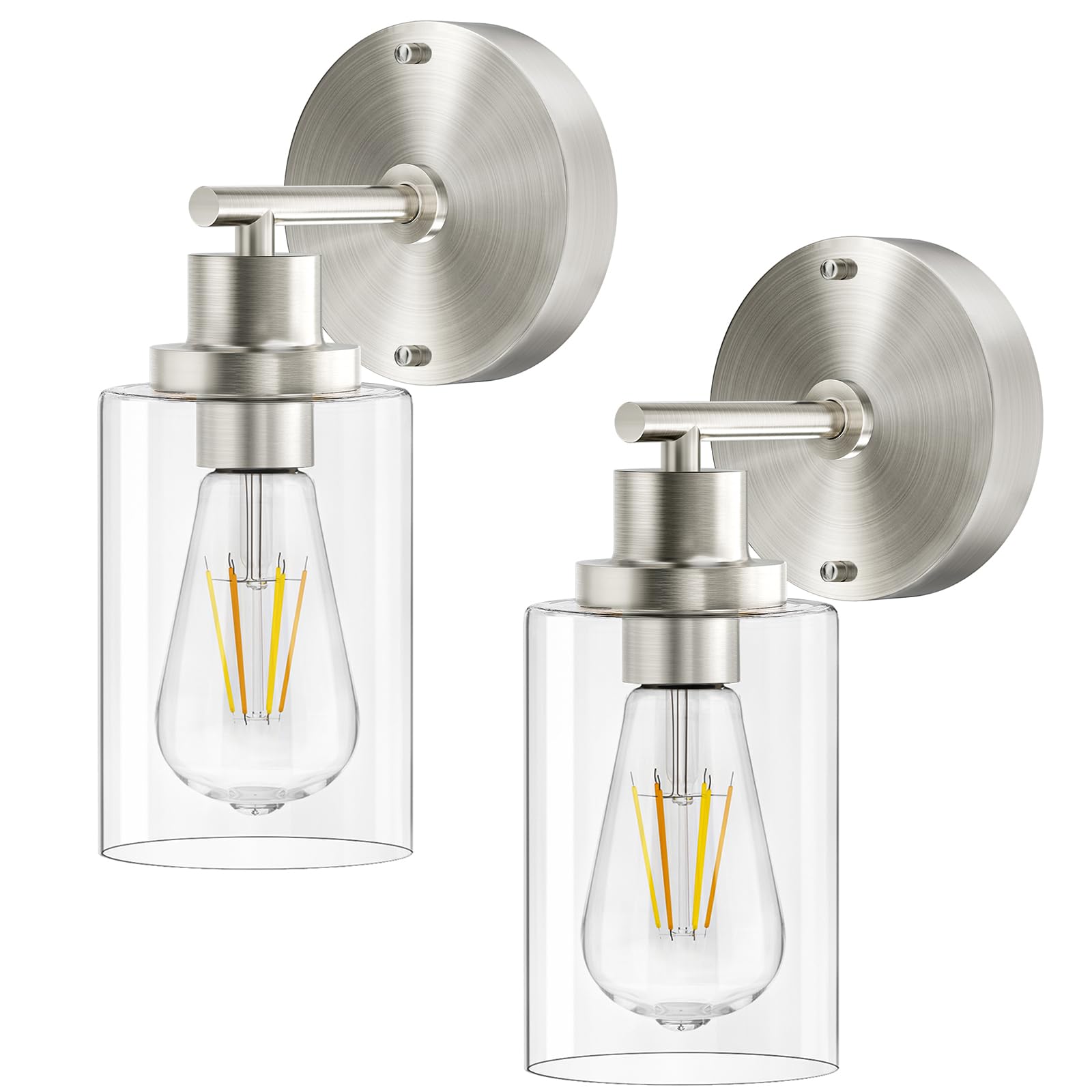 Buthy Bathroom Wall Sconces Set Of Two: Brushed Nickel Vanity Light Fixtures With E26 Base Led Cordless Indoor Wall Mount Lamp For Mirror Bedroom Hallway Stairway Modern Decor Lighting