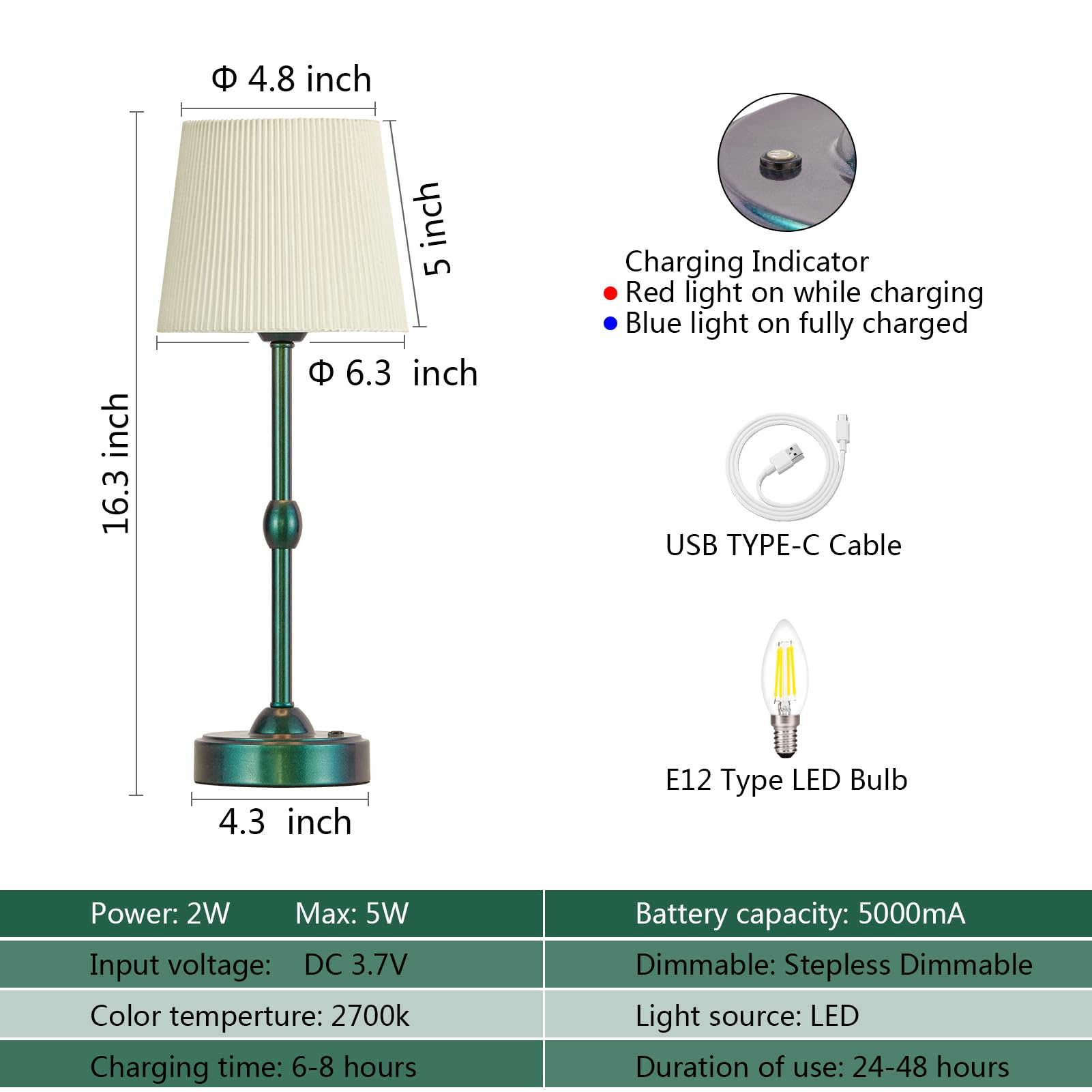 Roria Led Cordless Table Lamps - Set Of 2, Rechargeable, Dimmable, Green, For Indoor/Outdoor Use