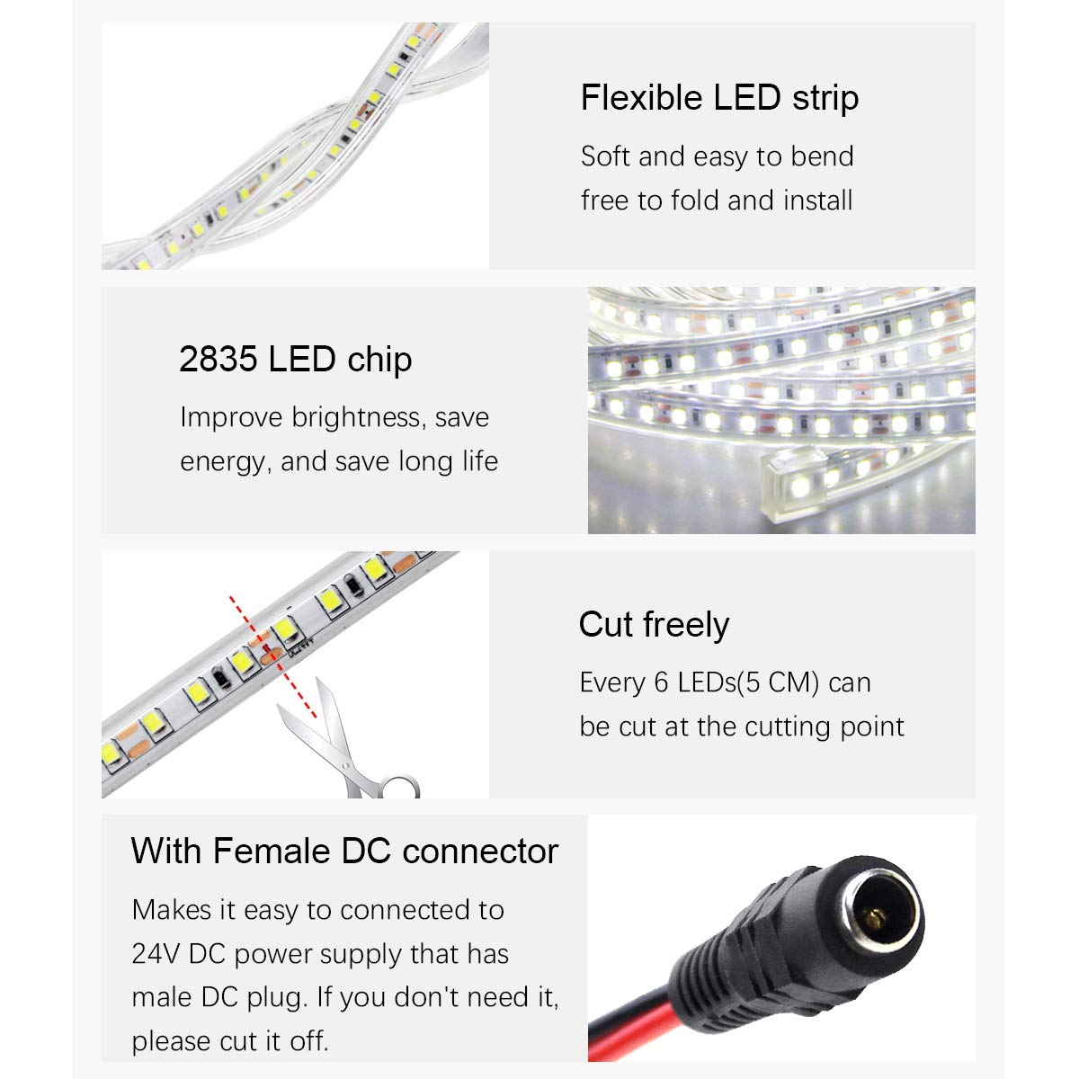 ALITOVE 24V LED Strip Lights, 32.8ft, 1200 LEDs, Waterproof, Daylight White, SMD 2835, Model 817bfbe4-485