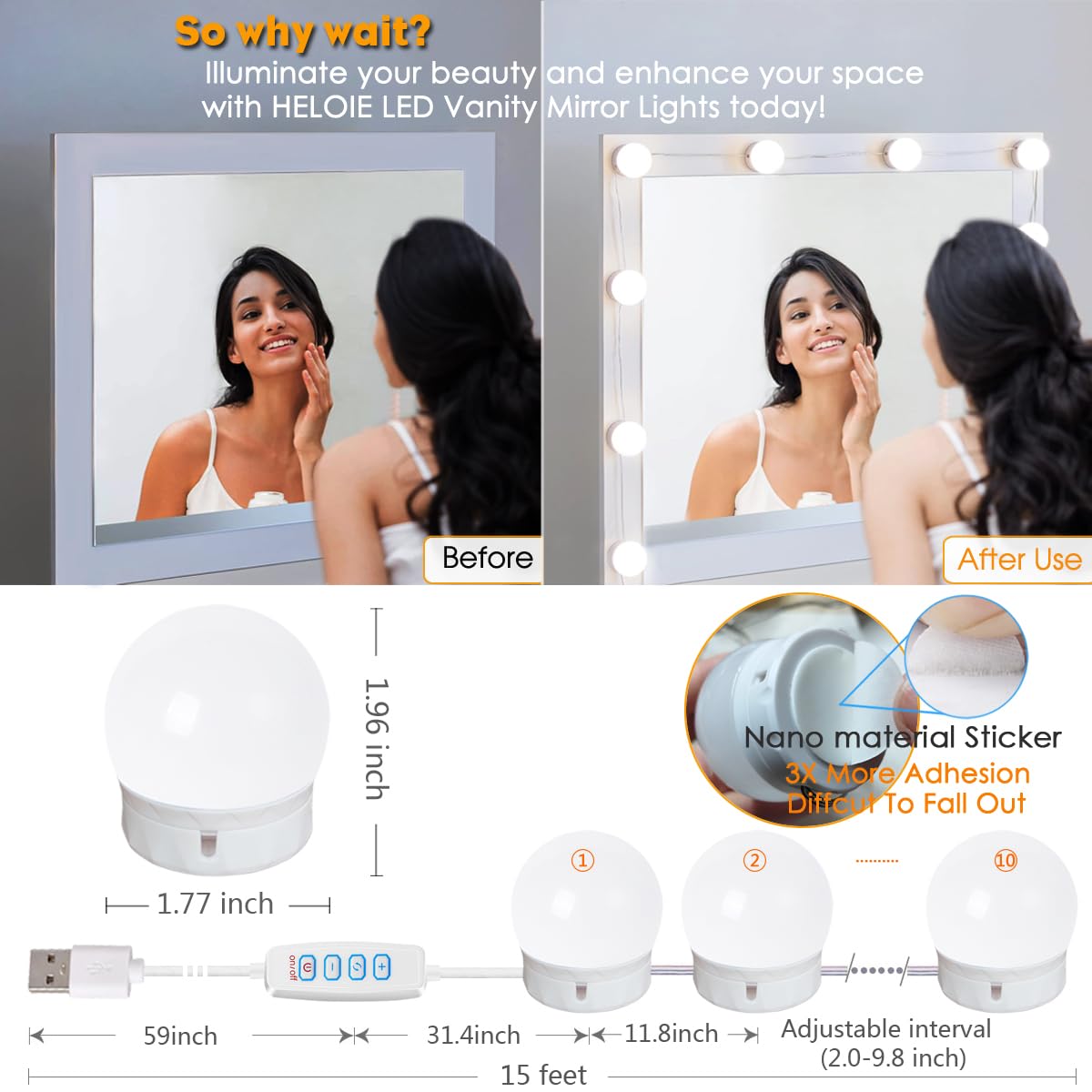 Heloie Led Vanity Mirror Lights,15 Ft Vanity Lights For Makeup Dressing Mirror Lighting,10 Dimmable Bulbs,Adjustable Light Color