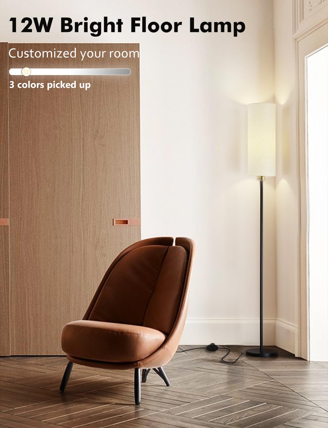 YHW LED Floor Lamp, 3 Color Temperatures, 12W, Beige Lampshade, 68.89’’ Tall, Small, Industrial Design for Living Room/Office