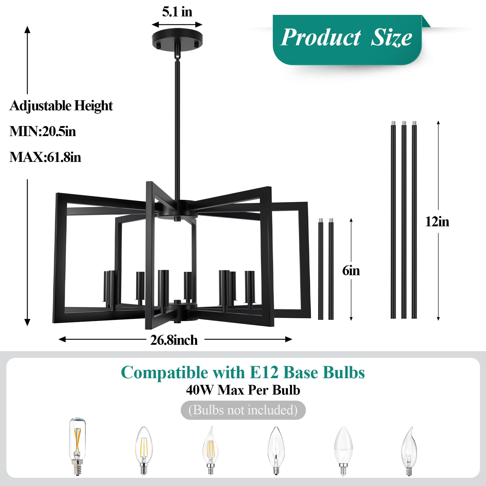 Bairth 8-Light Black Metal Chandelier - Modern Farmhouse Fixture for Dining Room, Foyer, Kitchen (Model D3202-08-BK)