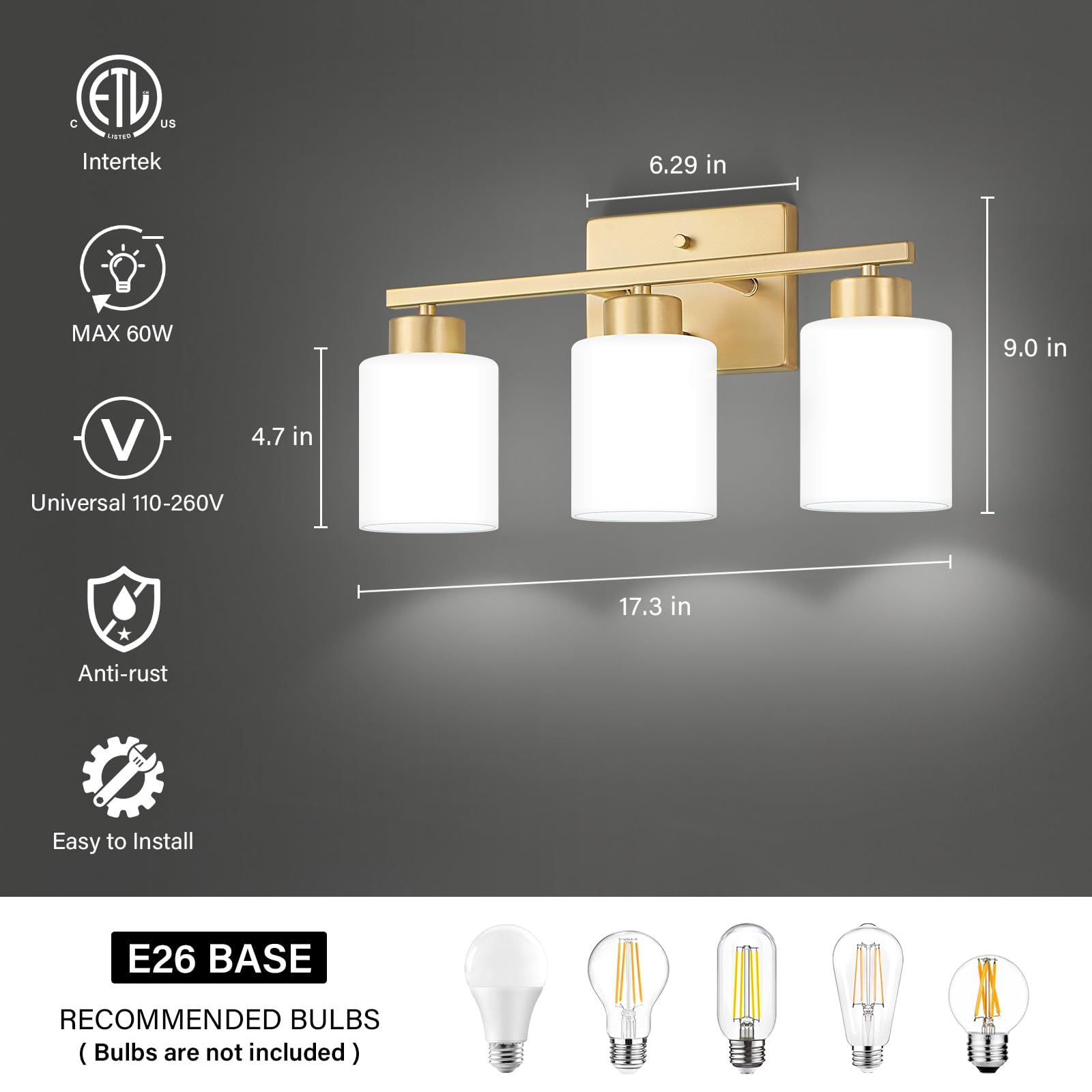 Fonmyim Gold Bathroom Light Fixtures, 3-Light Modern Vanity Light Over Mirror, Wall Sconces With Milky White Frosted Glass Shade