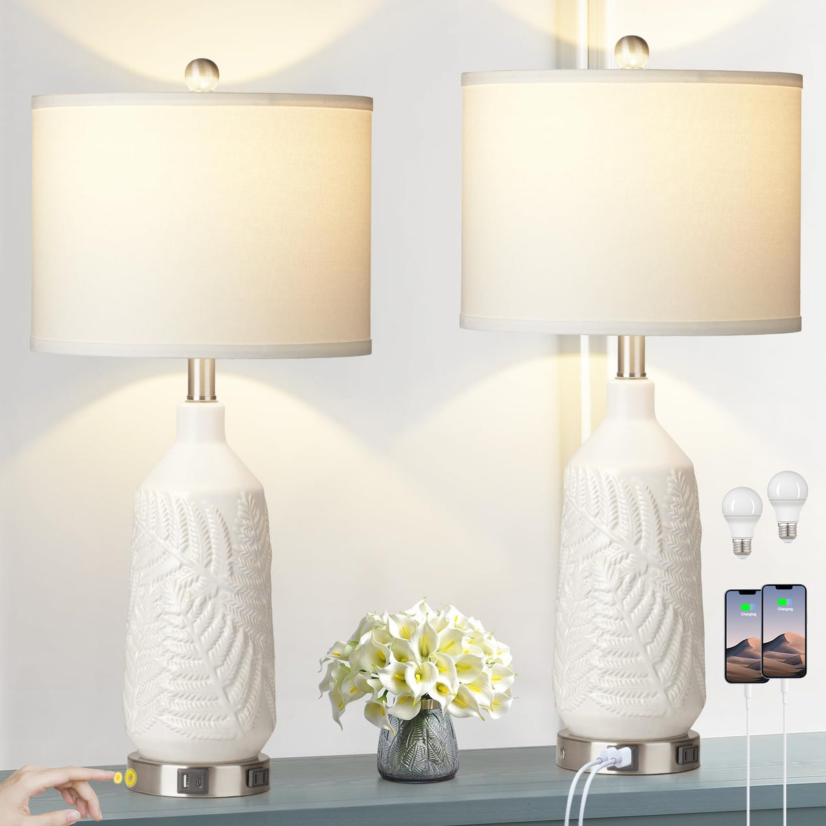 Rinweey Modern Ceramic Table Lamps Set of 2 with Wheat Texture, Accent White Bedside Lamps with USB A+C Ports & AC Outlet, 3 Way Touch Control Contemporary Nightstand Lamps for Bedroom Living Room