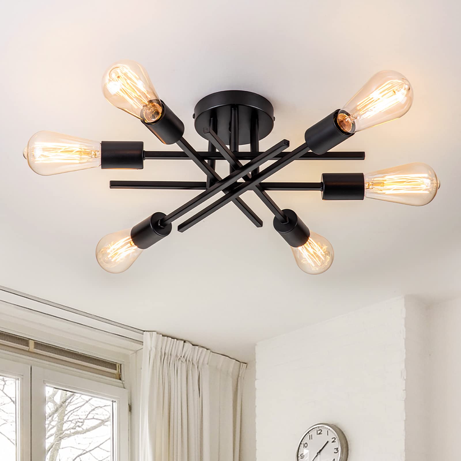 Brknit 6-Light Sputnik Chandelier - Modern Semi Flush Mount Ceiling Light For Kitchen & Living Room