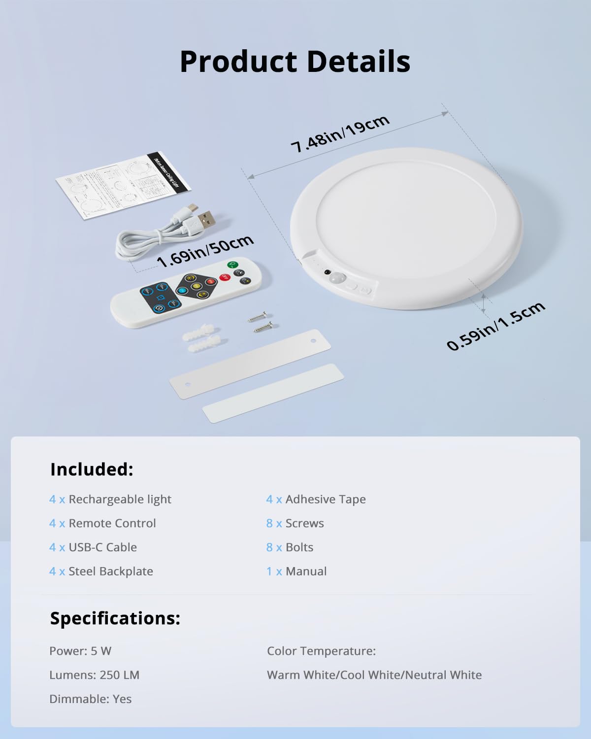 Combuh 4-Pack Battery Powered Motion Sensor Light, 7.48'' Ip44 Waterproof Shower Lamp Without Wiring, Ultra Thin 3 Colors Adhesi