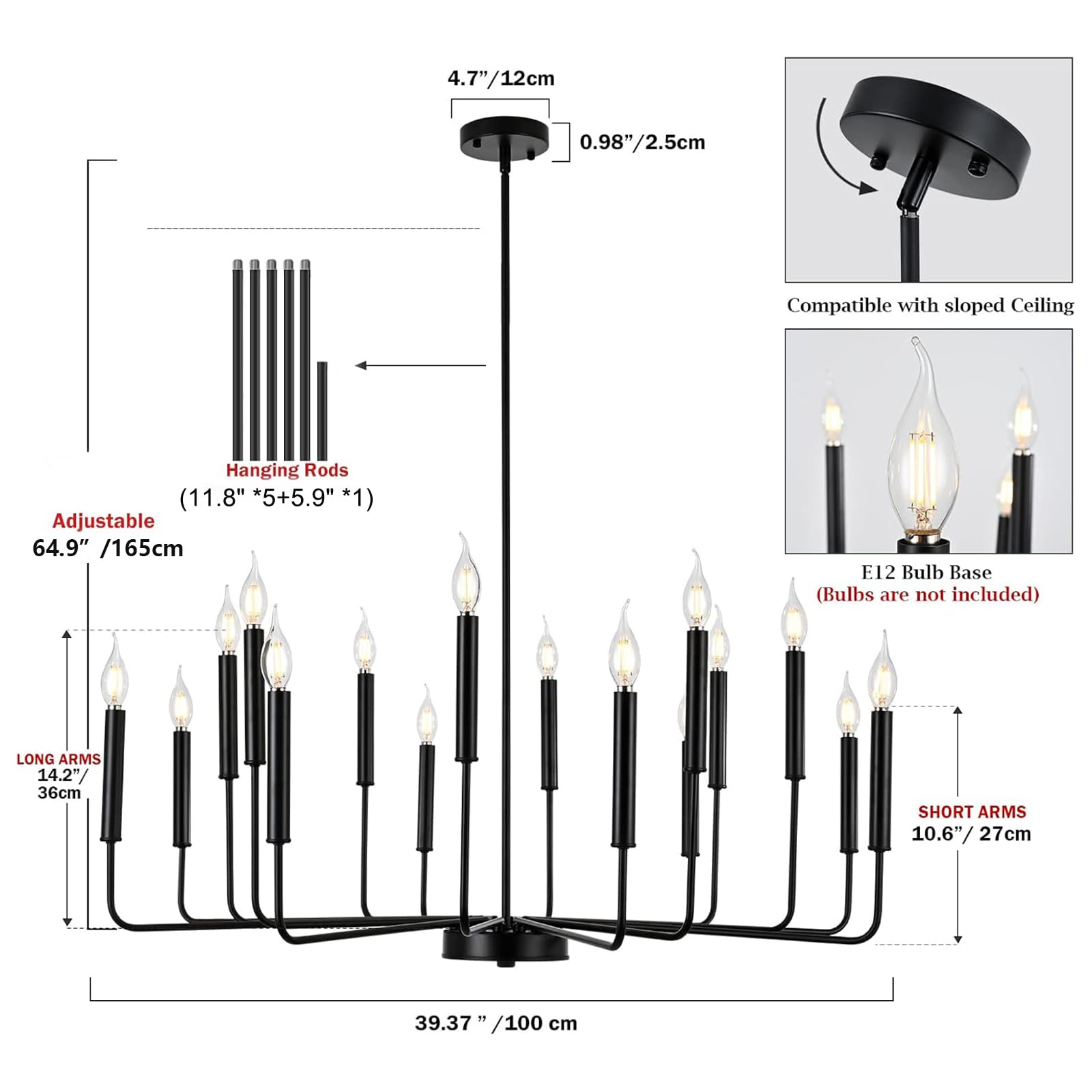Woknos Modern Black Farmhouse Chandeliers, 16-Light Industrial Metal Chandelier Lighting, Classic Candle Hanging Pendant Light F