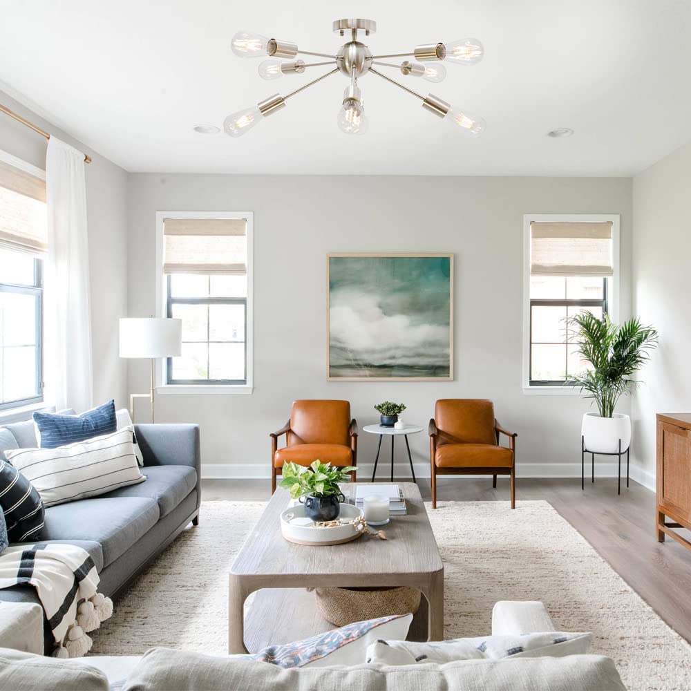 BONLICHT Contemporary 8 Light Sputnik Chandelier, Brushed Nickel, Semi Flush Mount Ceiling Light for Kitchen, Dining Room, Bedroom