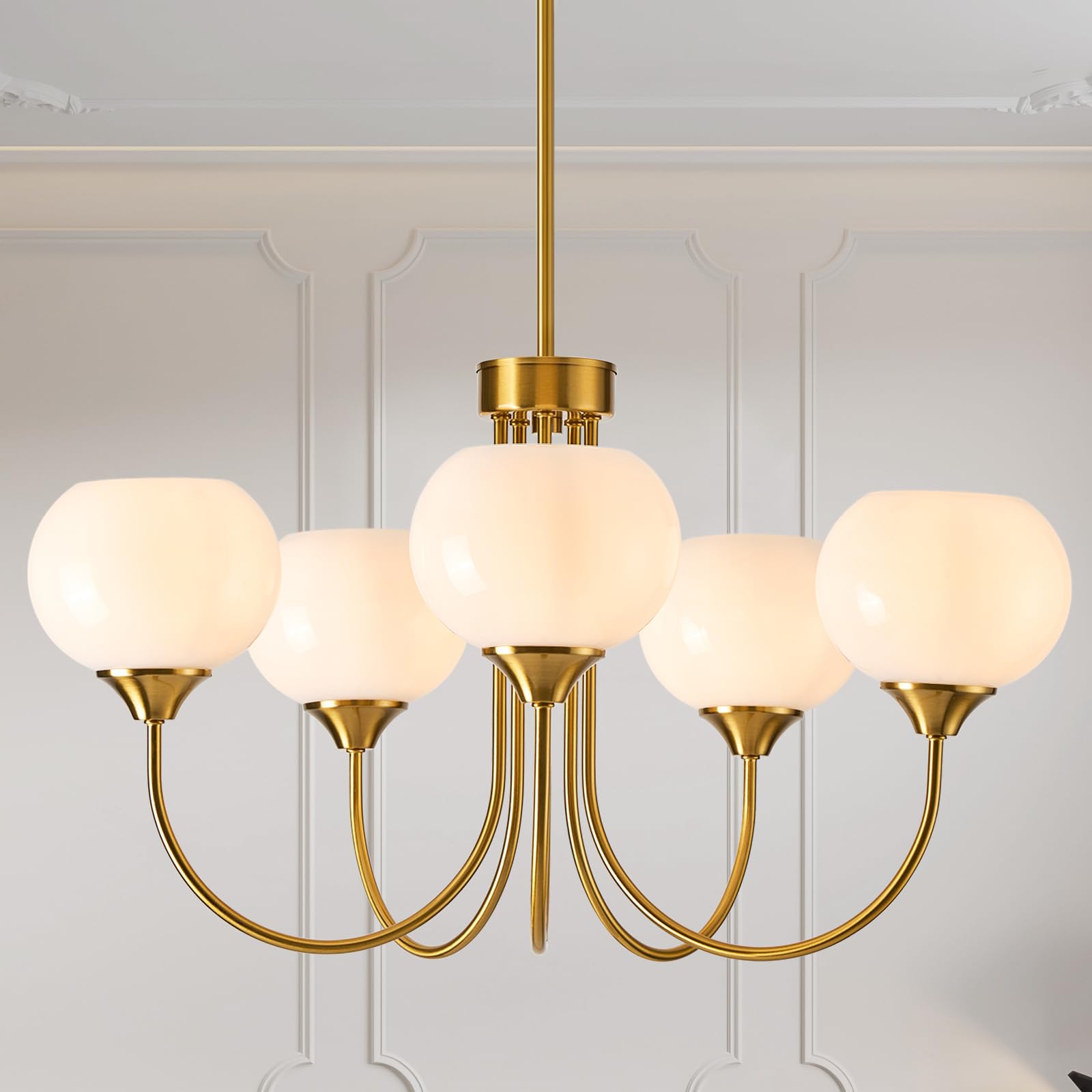 FEAZAC Modern Globe Chandelier 5 Light Mid Century White Milk Glass Vintage Sputnik Hanging Chandeliers Gold Pendant Light Fixtu