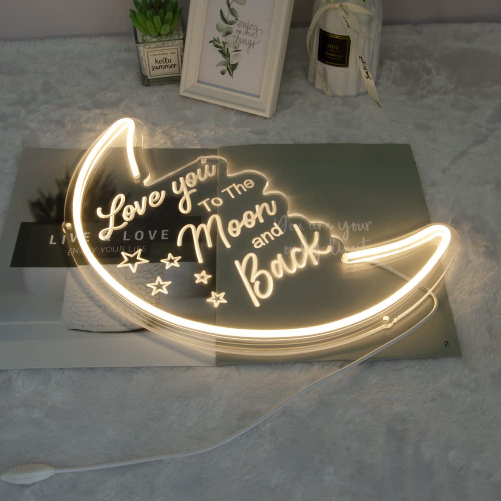 Britrio LED Moon Neon Light Sign, 15.75”x10.24”, Warm White, Acrylic, Model MOON&BACK15WW, Home Decor Night Light