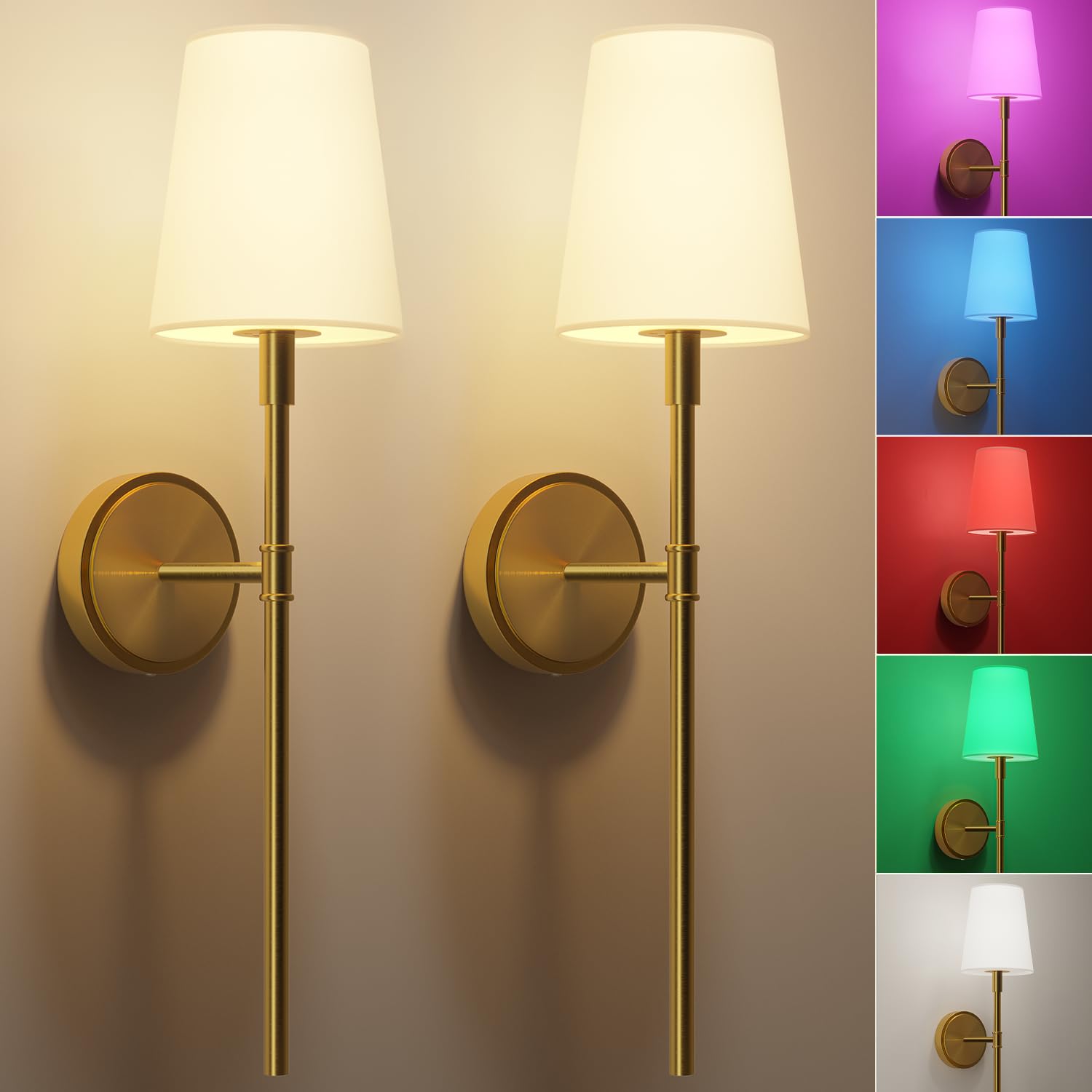 Battery Operated Wall Sconces Set Of 2, Gold Wireless Wall Lights With Remote Control Warm/Natural/Daylight/Rgb 15 Colors Dimmab