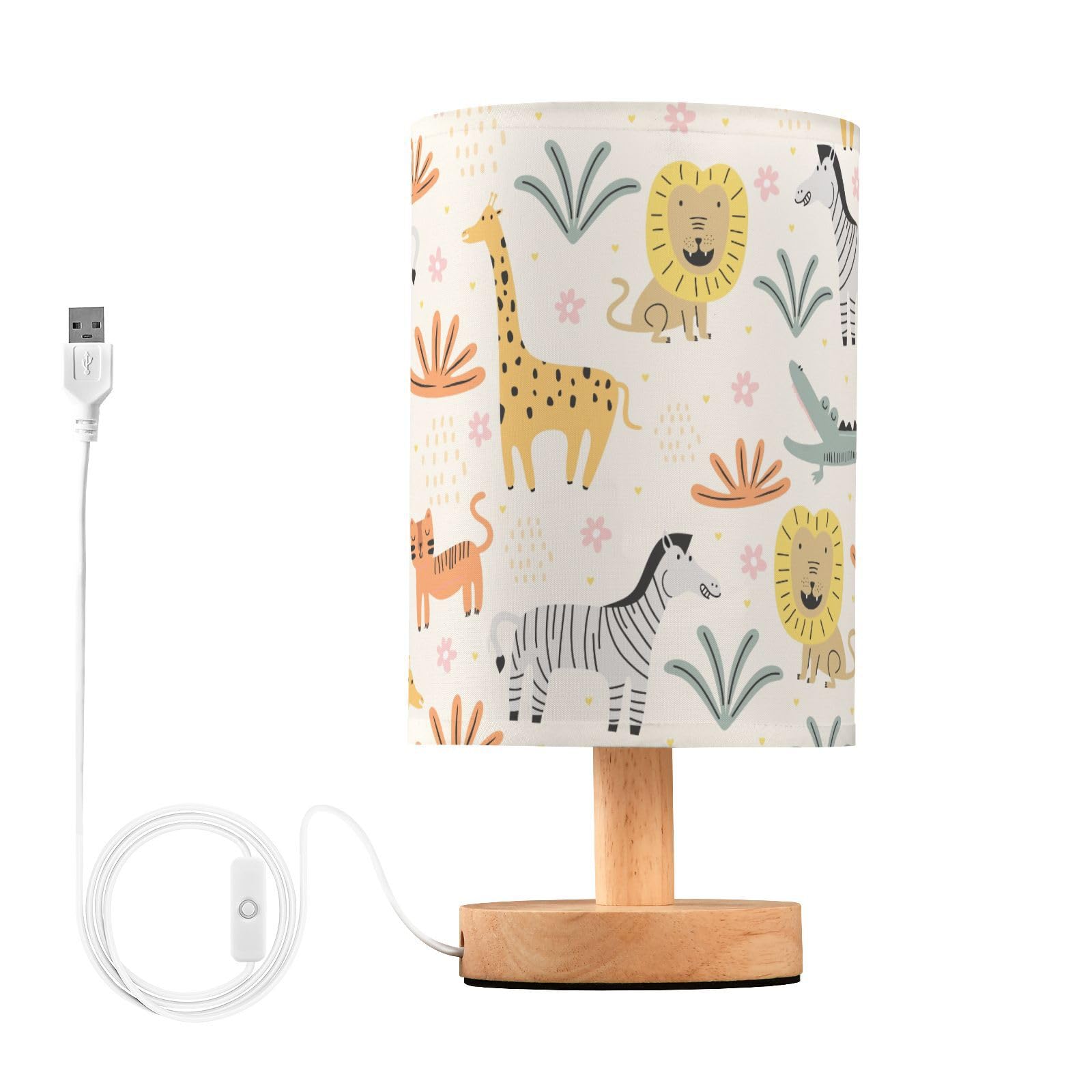 Oarencol Bedside Table Lamp Cute Animals Nightstand Lamp with Wood Funny Lion Zebra Crocodile Cat Giraffe Desk Lamps for Bedroom