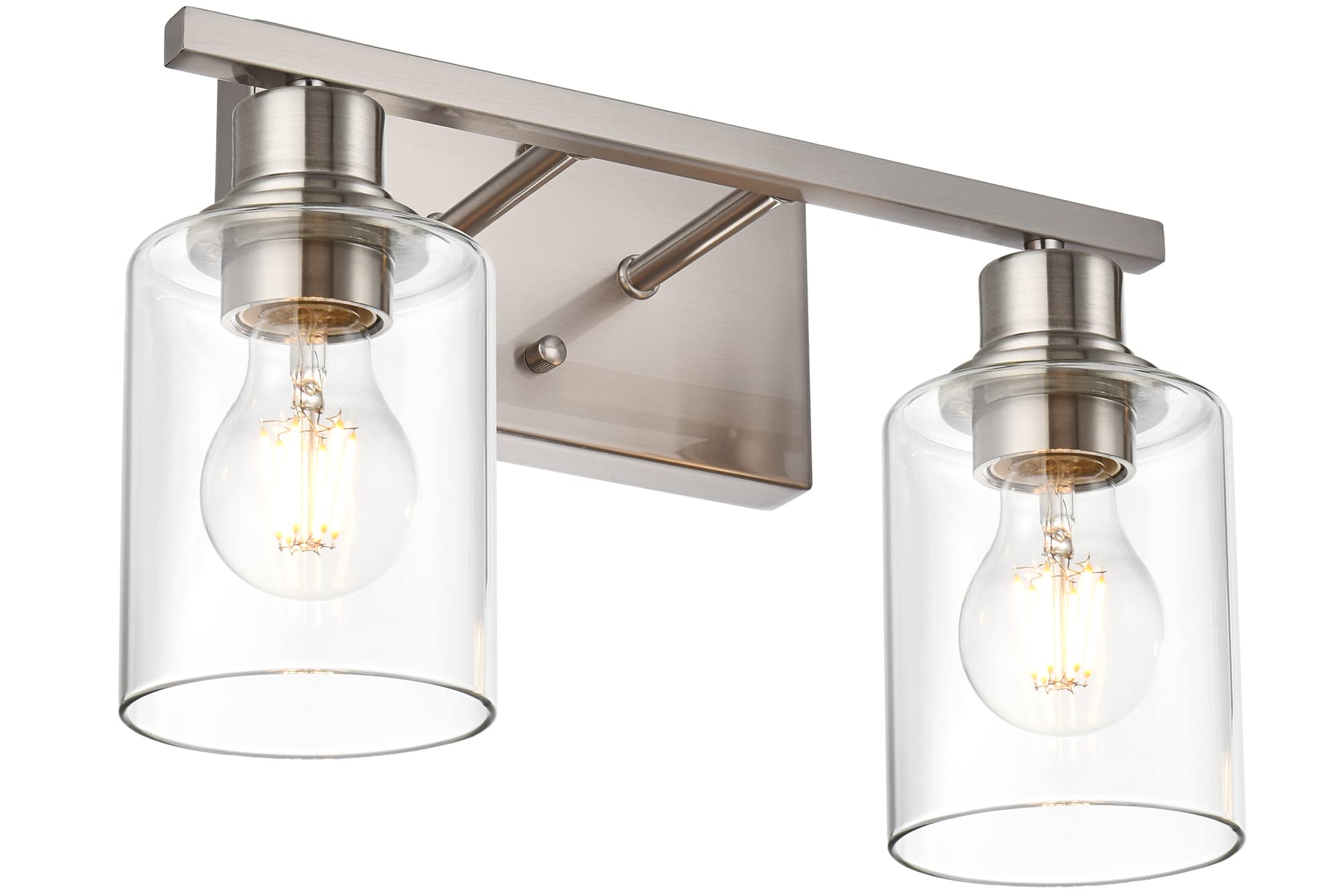 VINLUZ Modern Bathroom Vanity Light, 2-Light Wall Sconce, Brushed Nickel Finish, Metal Base, Clear Glass Shade