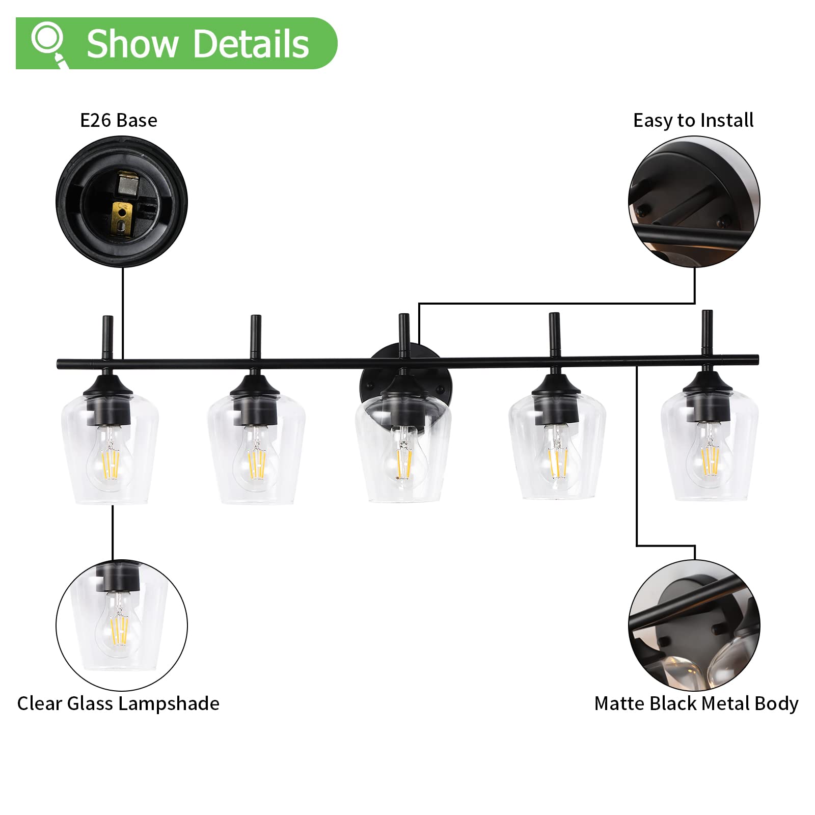 Foucasal 5-Light Black Bathroom Vanity Light Fixtures, Industrial Clear Glass Shade, Model ULB0046H-5HEI