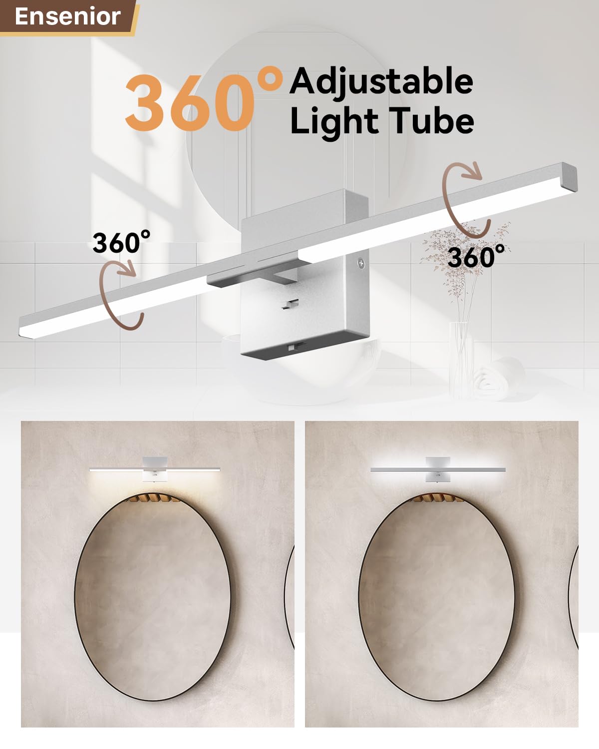 Ensenior Modern Bathroom Vanity Light 24 Inch, Built-In Dimmer, 13W Dimmable 5Cct Led Bathroom Light Fixture Over Mirror, Silver