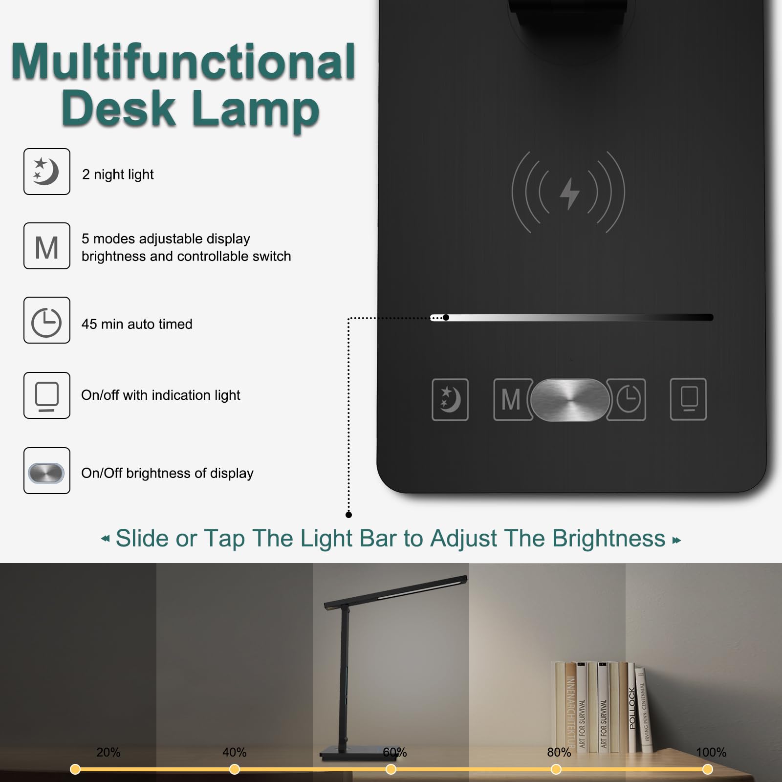 Oviouit 10-in-1 Smart Desk Lamp, Black LED Table Light with 10W Wireless Charger, Dimmable Touch Control, Ideal for Office & Dorm Room