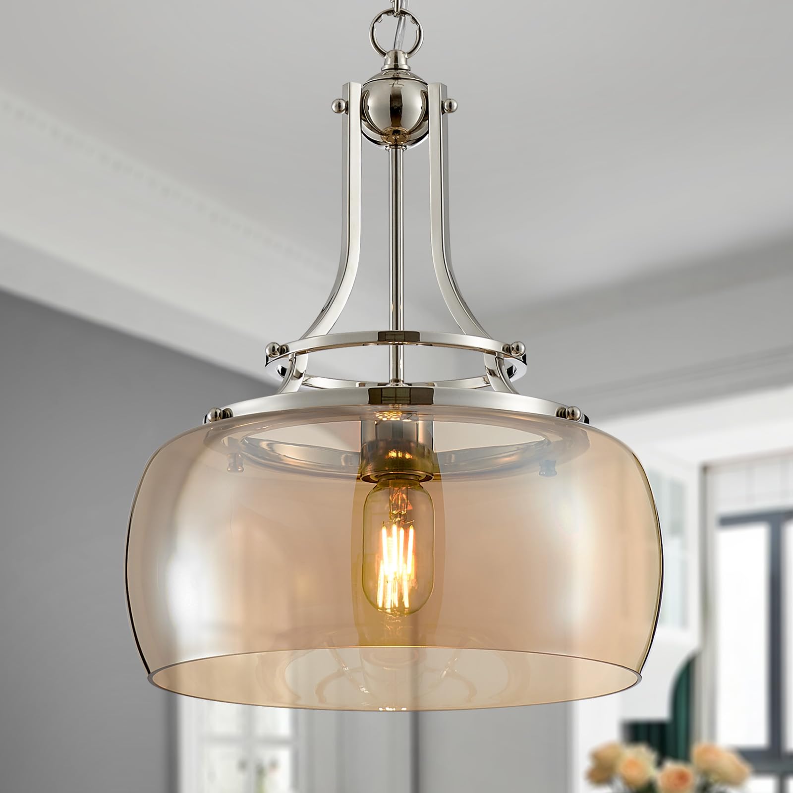 WUZUPS Nickel Chandelier Pendant Light, Amber Glass Shade, E26 Base, H 17in W 13.4in, Rustic Farmhouse Industrial Design
