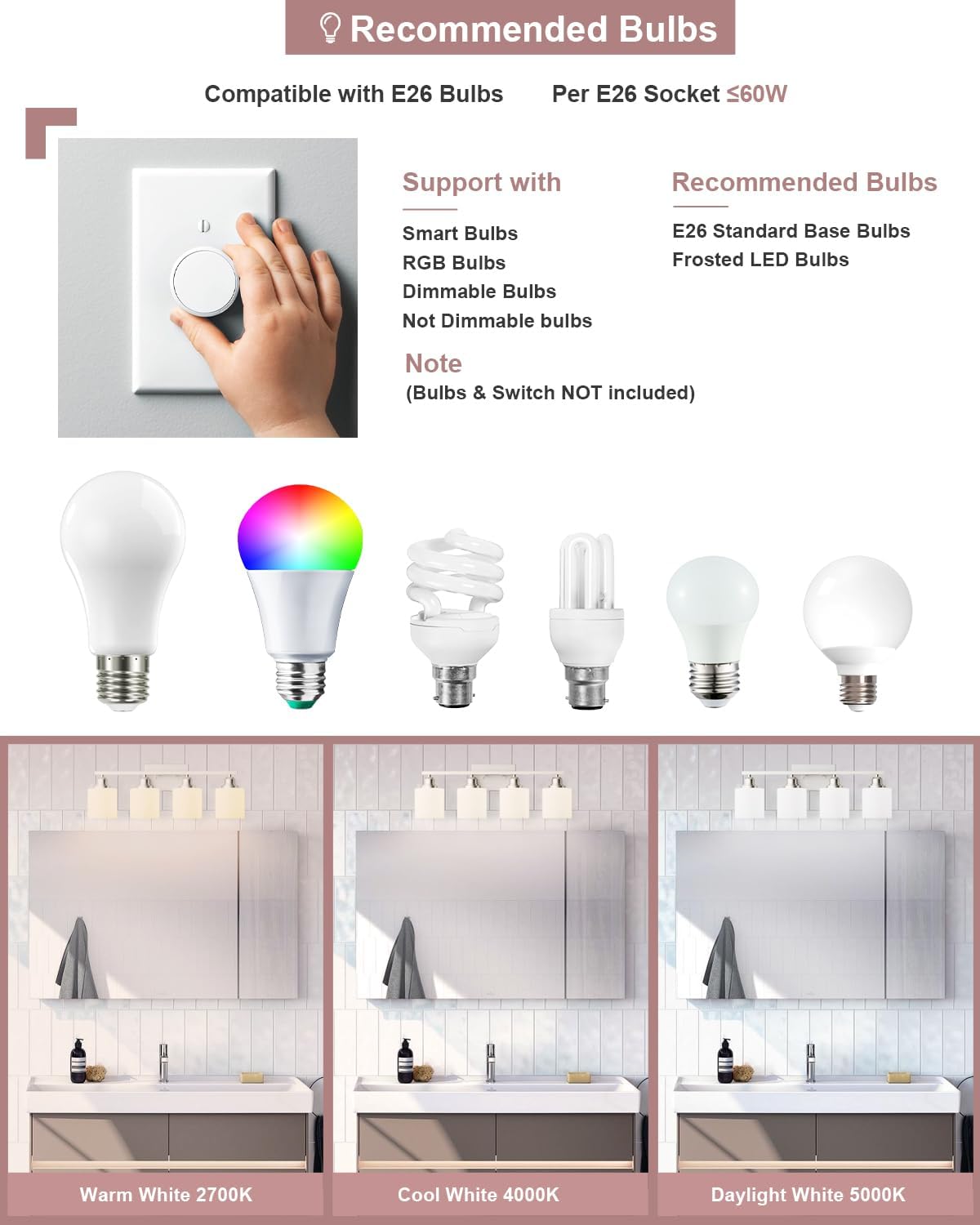 Sailstar 4-Light Bathroom Light Fixtures, Brushed Nickel, Glass Shade, Model CP-JQD-F-002