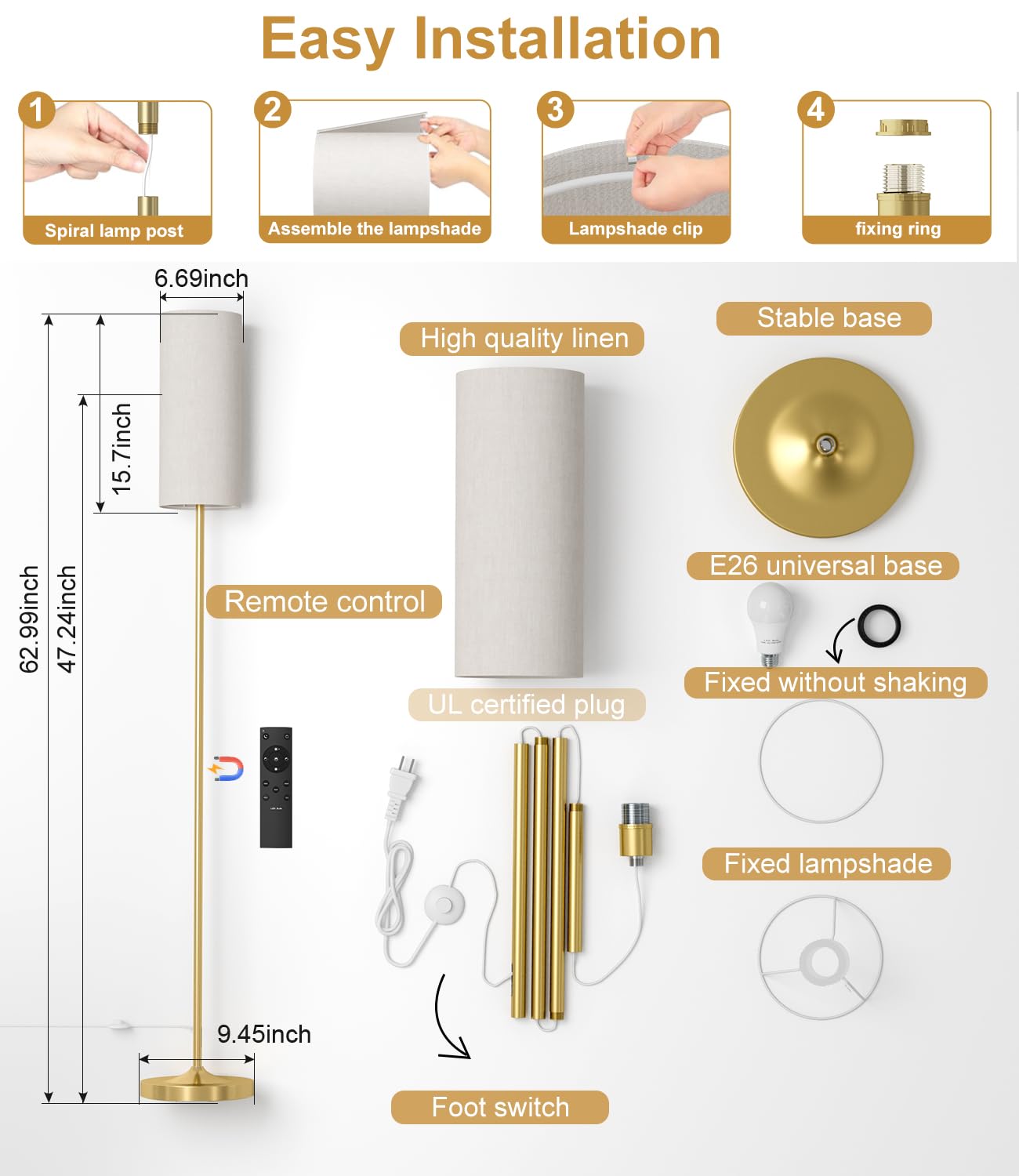 Luckystyle Led Floor Lamp For Living Room, Dimmable Standing Lamps With Foot Switch,Remote Custom Color Temperature Gold Pole La