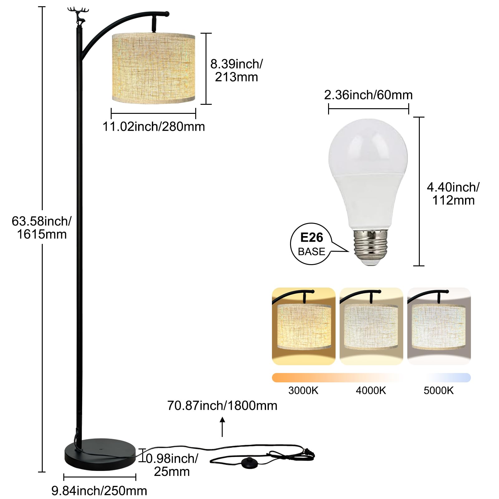 UBBETTER Floor Lamp, Modern Standing Lamp with 3 Color Temperatures, Metal Base, Model FA-001, High Linen Lampshade