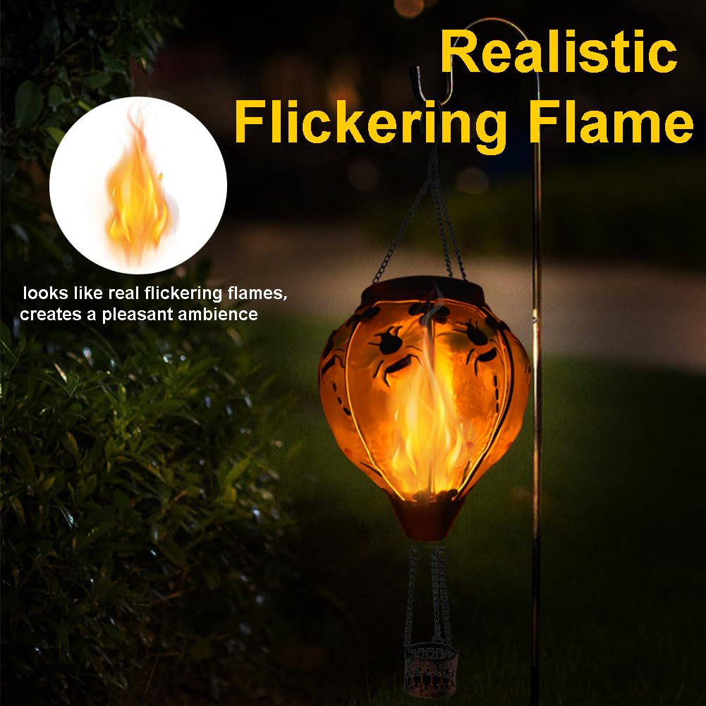 Teyigarden Hot Air Balloon Solar Lantern With Flickering Flame, Glass Hanging Garden Lights Outdoor Waterproof For Tree Yard Pat