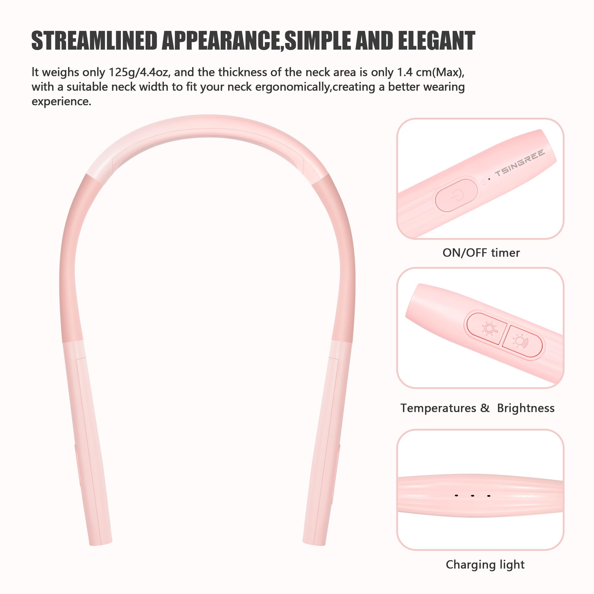 TSINGREE LED Neck Reading Light, Rechargeable, 3 Colors & Brightness, Sakura Pink, Model TNBL3, Auto-Off Timer, Perfect for Reading & Crafts