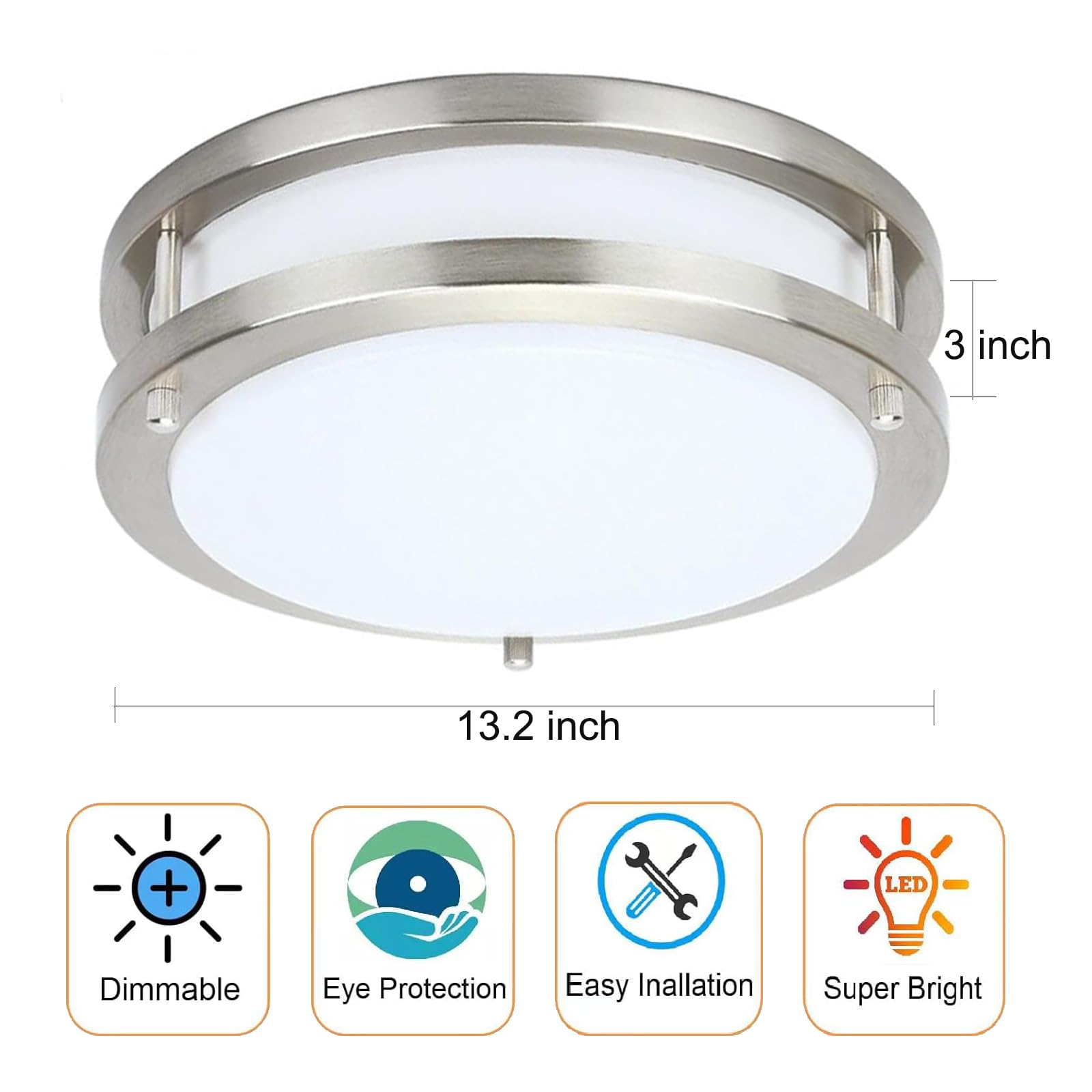 Drosbey 42W Dimmable LED Ceiling Light Fixture, 5000 Lumens, 13.2in, Brushed Nickel, Model 50W1P, Daylight