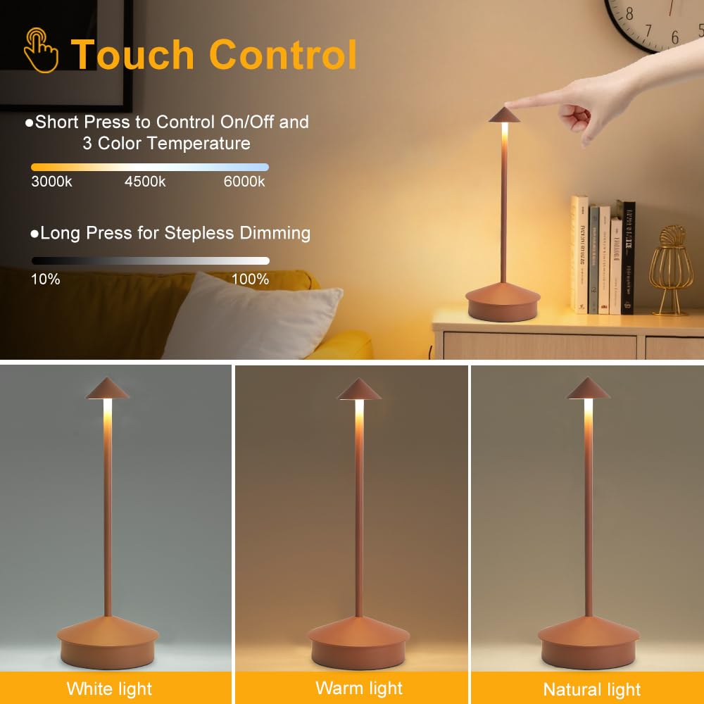 Simisand LED Cordless Table Lamps Set of 2, Portable Rechargeable, 6000mAh, Stepless Dimming, Brown, Model 1809