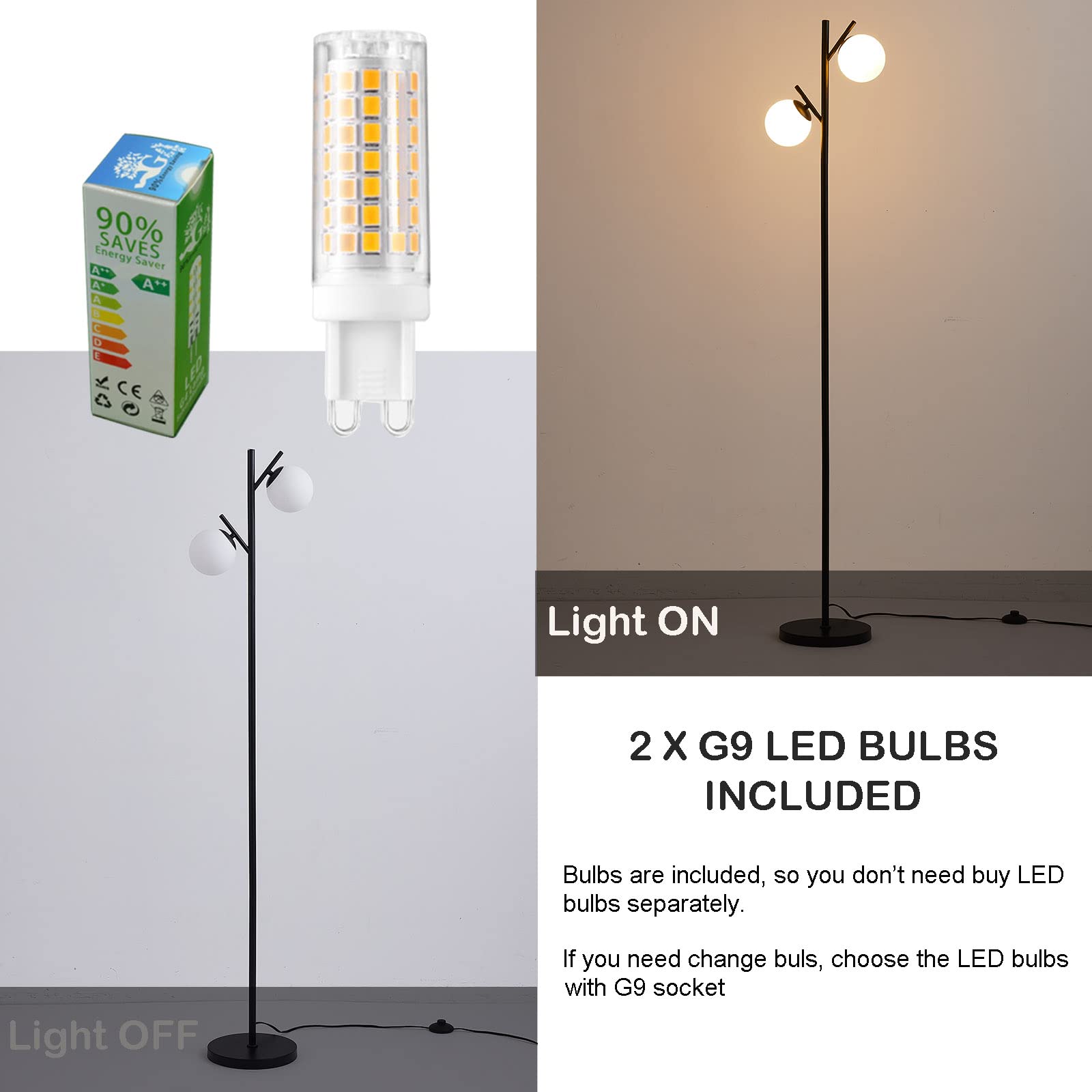 Fiqevs Black Mid Century Floor Lamp With 2 Led Bulbs & Frosted Glass Shades For Living Room