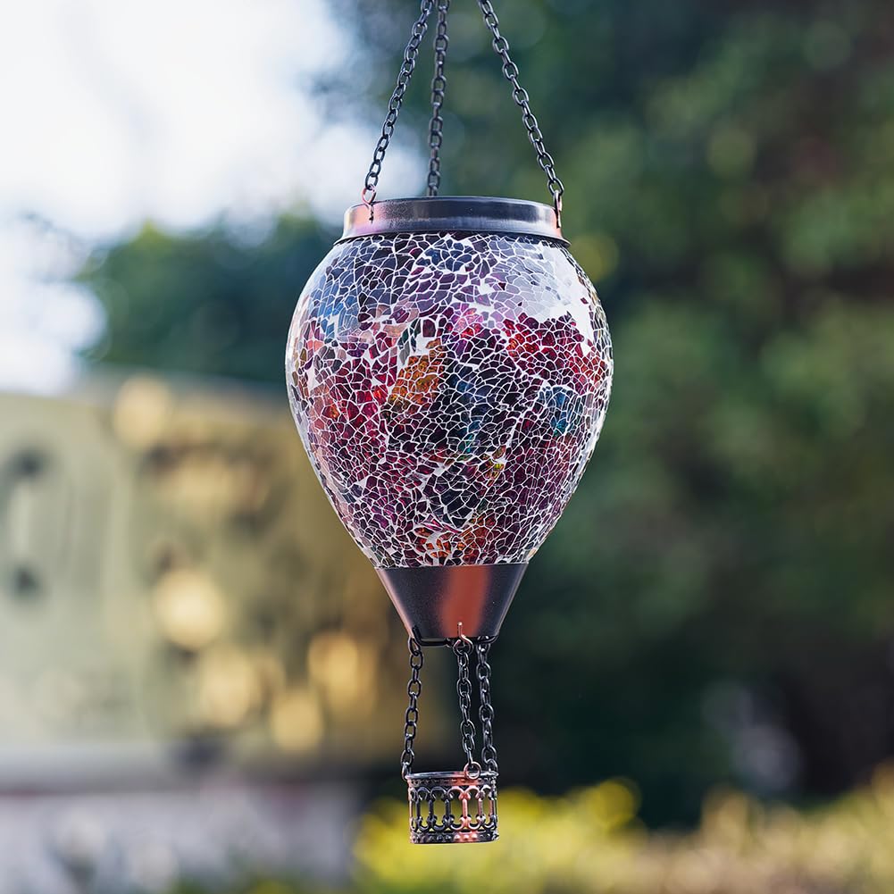 Giole Mosica Hot Air Balloon Solar Lantern with Flame, Glass Hanging Solars Lanterns Outdoor Waterproof Decorative Solar Light f