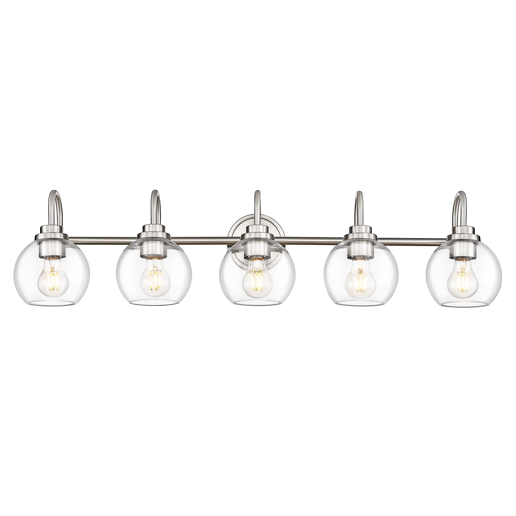 Audickic 5-Light Bathroom Vanity Light Fixtures, Brushed Nickel, Globe Clear Glass, 35 Inch, Model AD-22280-5W-SN