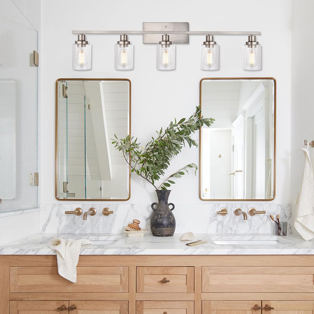 WINSHEN Bathroom Vanity Lighting Fixture, 5-Lights, 40-Inches, Brushed Nickel, Industrial Sconce with Seeded Glass Shades, Model SG-51S-5L