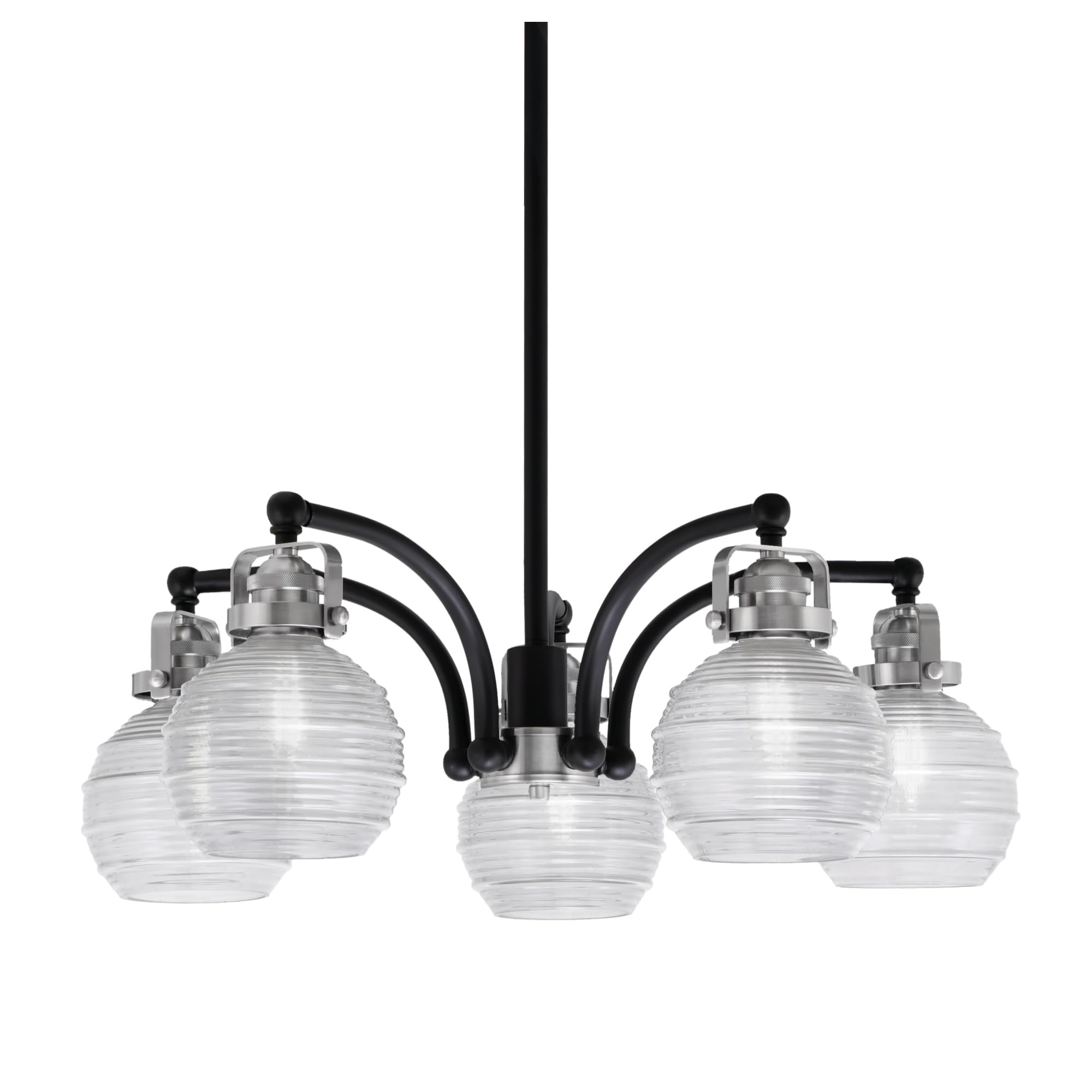 Easton Downlight, 5 Light, Chandelier Shown In Matte Black & Brushed Nickel Finish With 6&quot; Clear Ribbed Glass