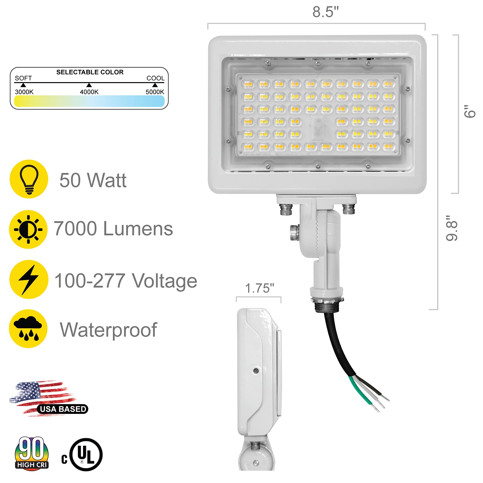 Nuwatt 50W Led Flood Light, 3Cct 3000K/4000K/5000K Selectable, Ip65 Waterproof Lighting, Adjustable Knuckle Mount, 7050Lm, 0-10V Dimmable, 120-277V, Outdoor Security Floodlight For Yard, White, Ul