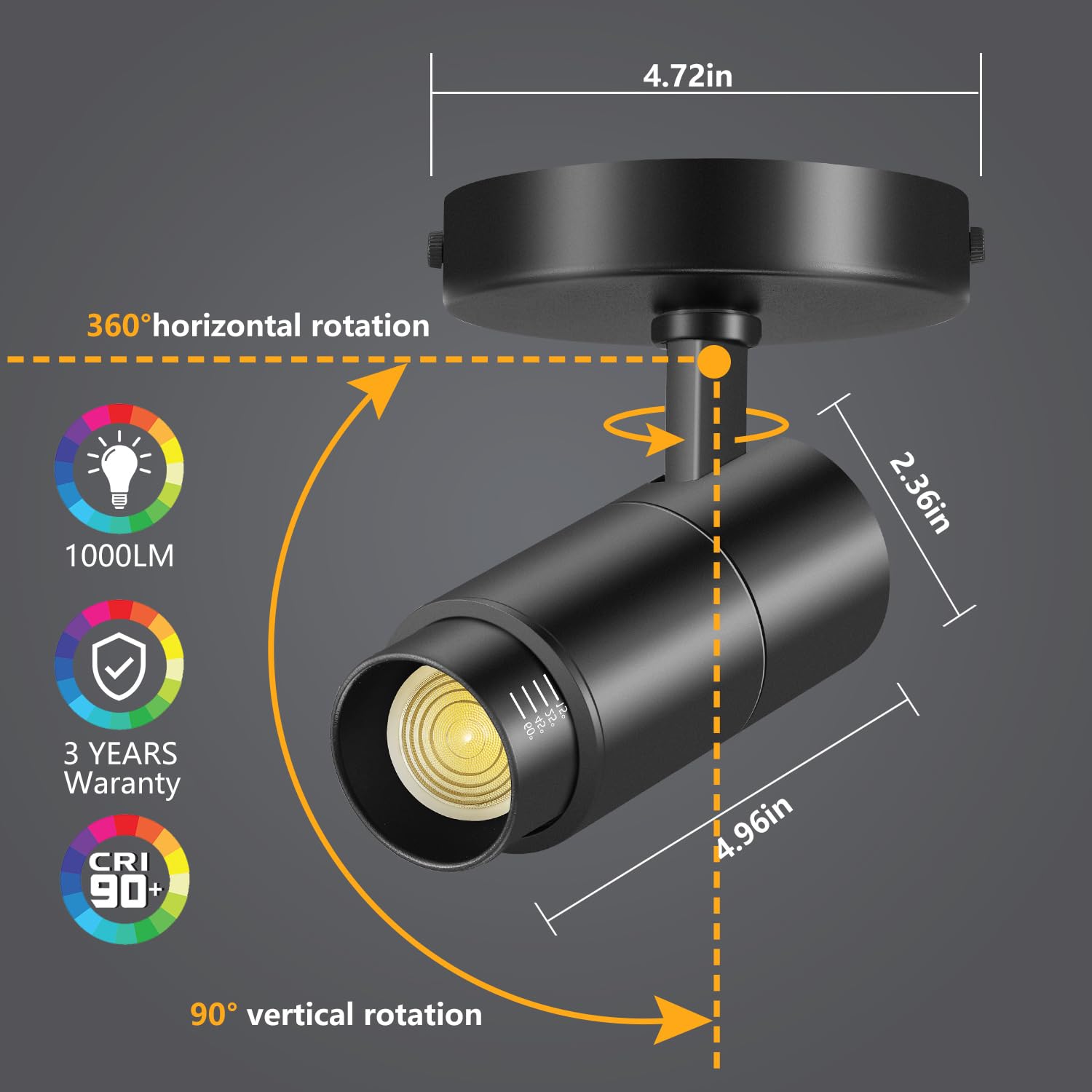 Vanoopee 10W Dimmable Led Ceiling Spotlight, Adjustable 3-Color Indoor Flush Mount, Black