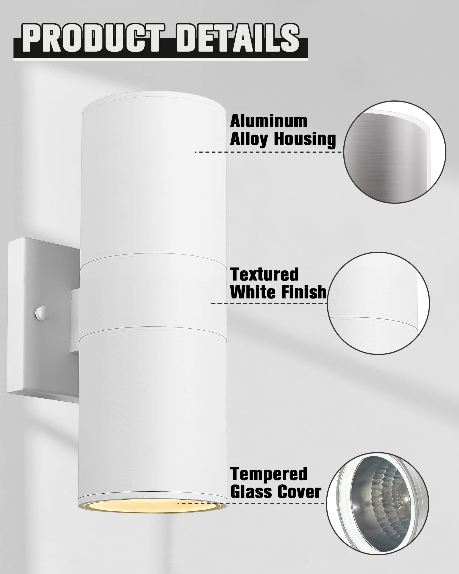 Ken & Ricky White Outdoor Wall Sconce, Outside Up And Down Wall Lights, Modern Exterior Light Fixtures With Tempered Glass Cover
