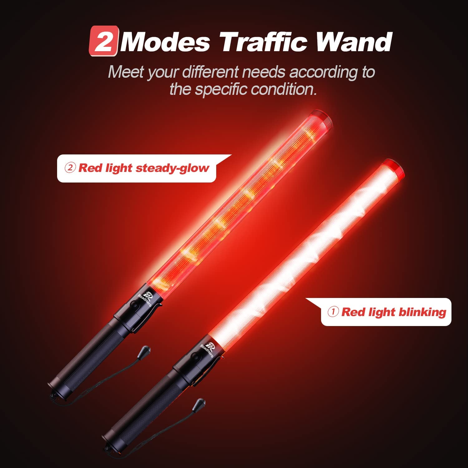 RoadHero Traffic Wand 21-Inch LED Safety Light Baton, 8 Pack, Red, Model 54*3, 2 Flashing Modes, Air Marshaling Signal Wands