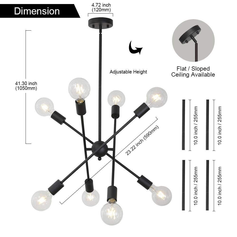 BONLICHT Black Sputnik Chandelier 8 Light Vintage Industrial Semi Flush Mount Ceiling Light for Kitchen Dining Room Foyer Hallway