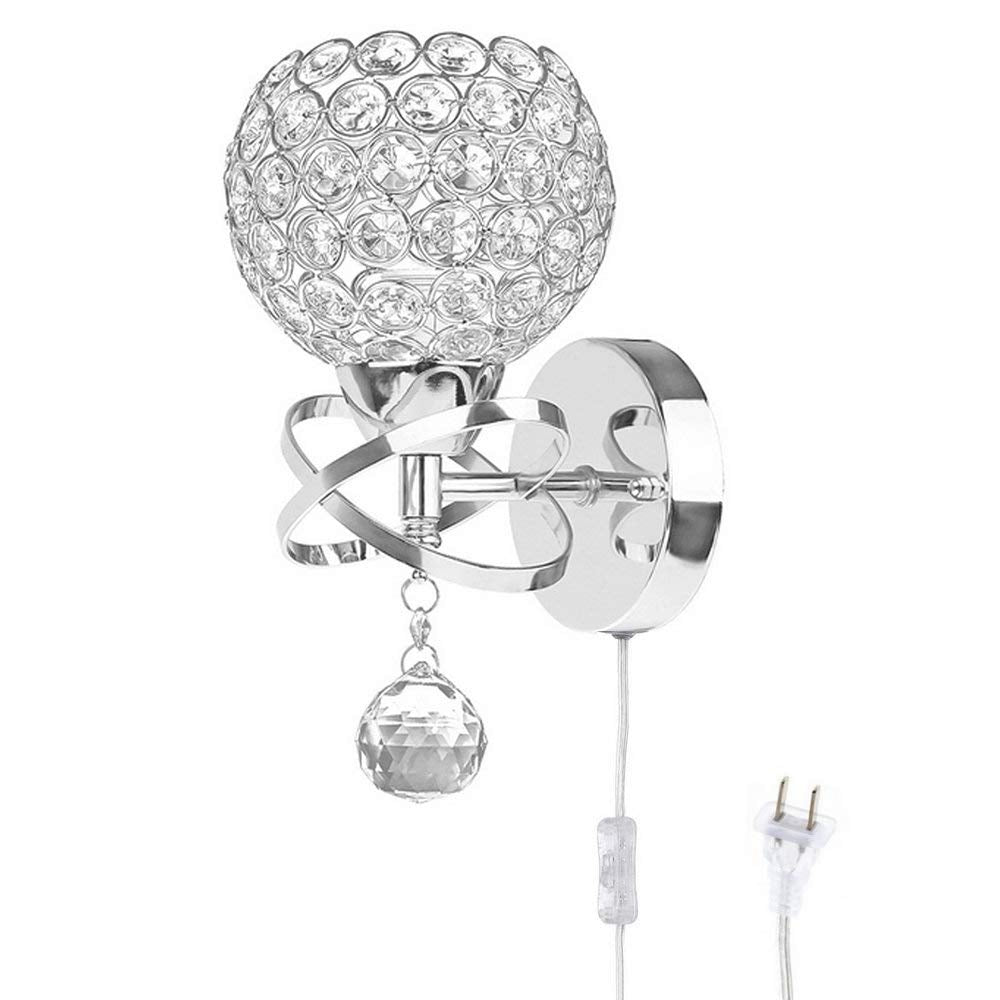 WeFoonLo Round Modern Crystal Wall Light Sconce E26 Socket Chrome Finish TL1135 with Plug and Cord Switch